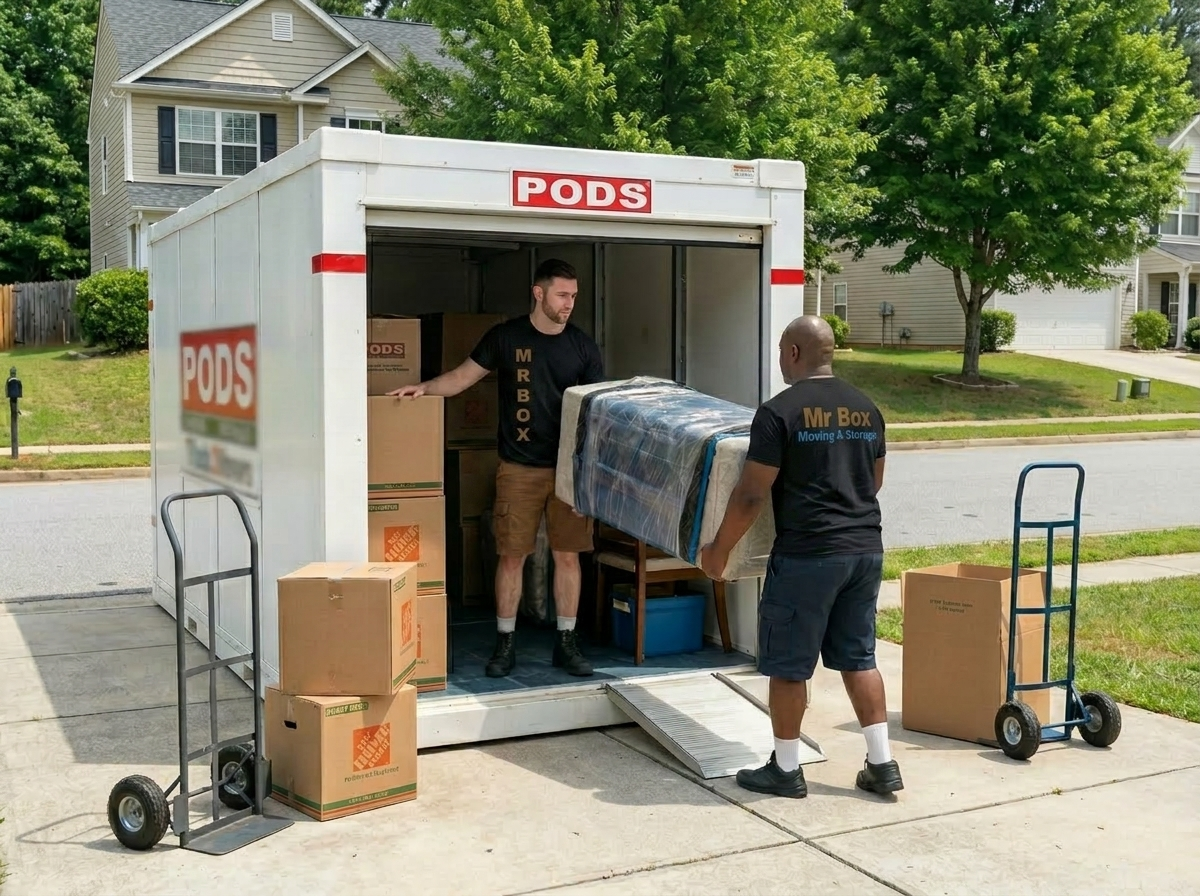 Two movers loading a wrapped appliance into a PODS storage container on a suburban driveway