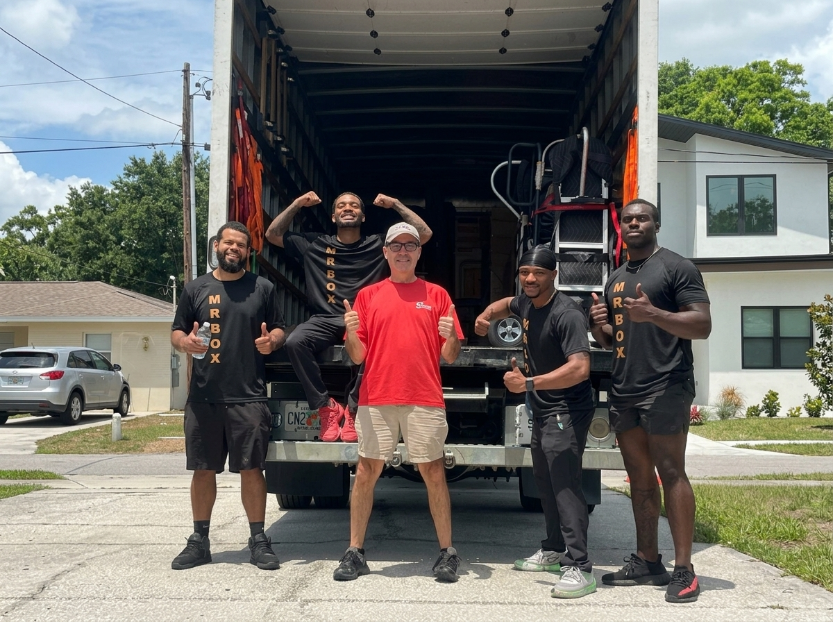 Five people posing in front of an open truck trailer on a sunny street
