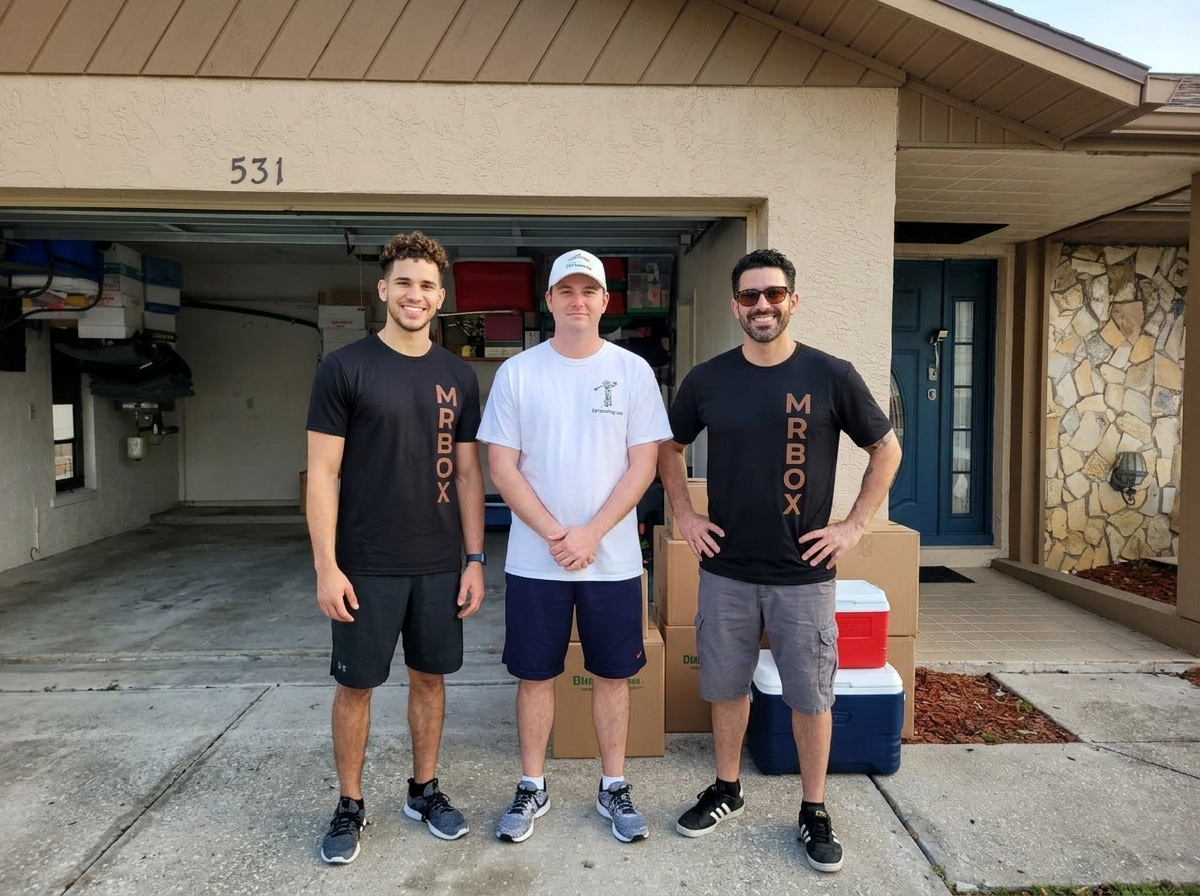 Three people standing in front of a house garage, smiling and posing casually.