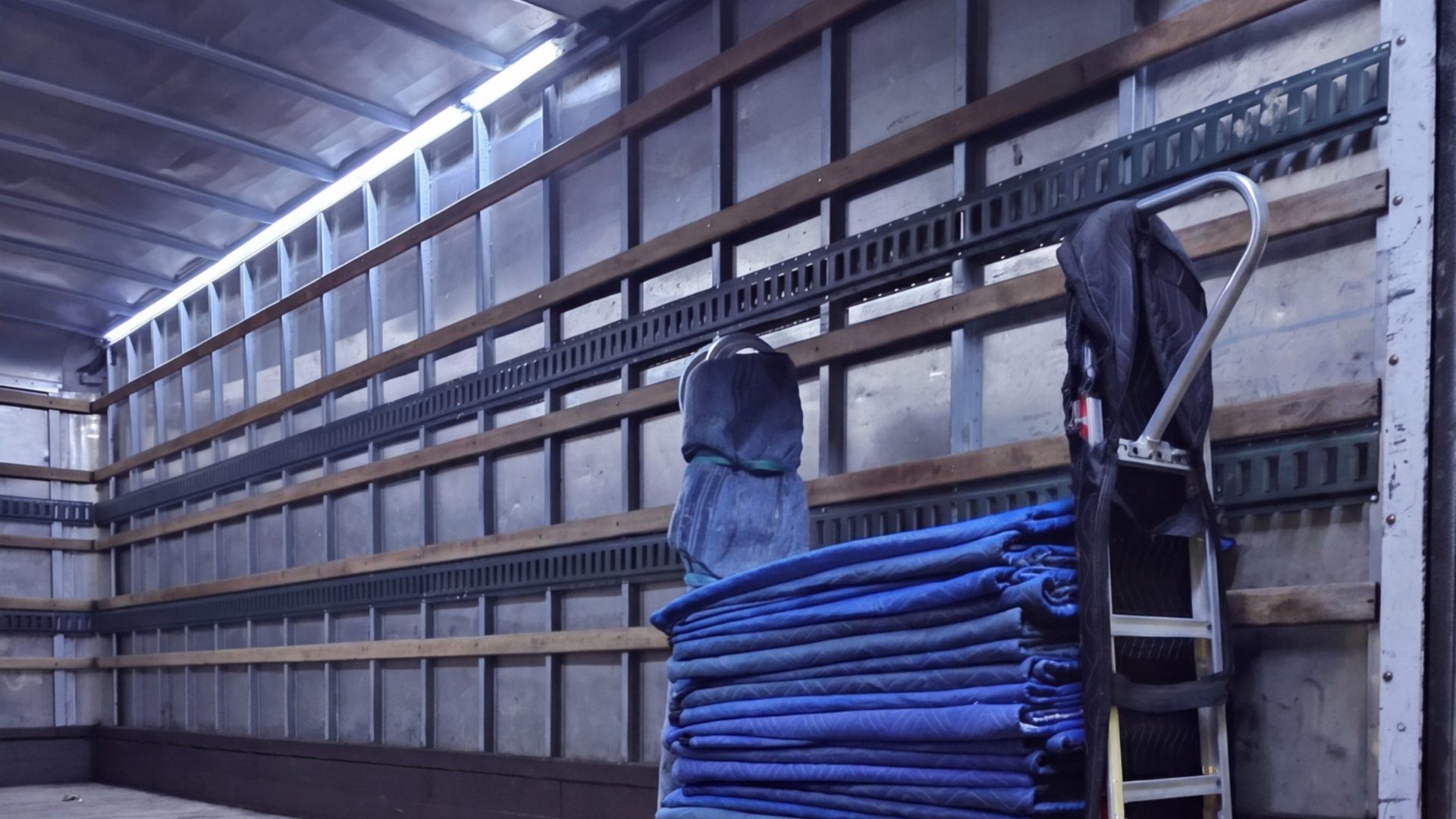 Two workers loading blue folded fabric onto a truck inside a warehouse