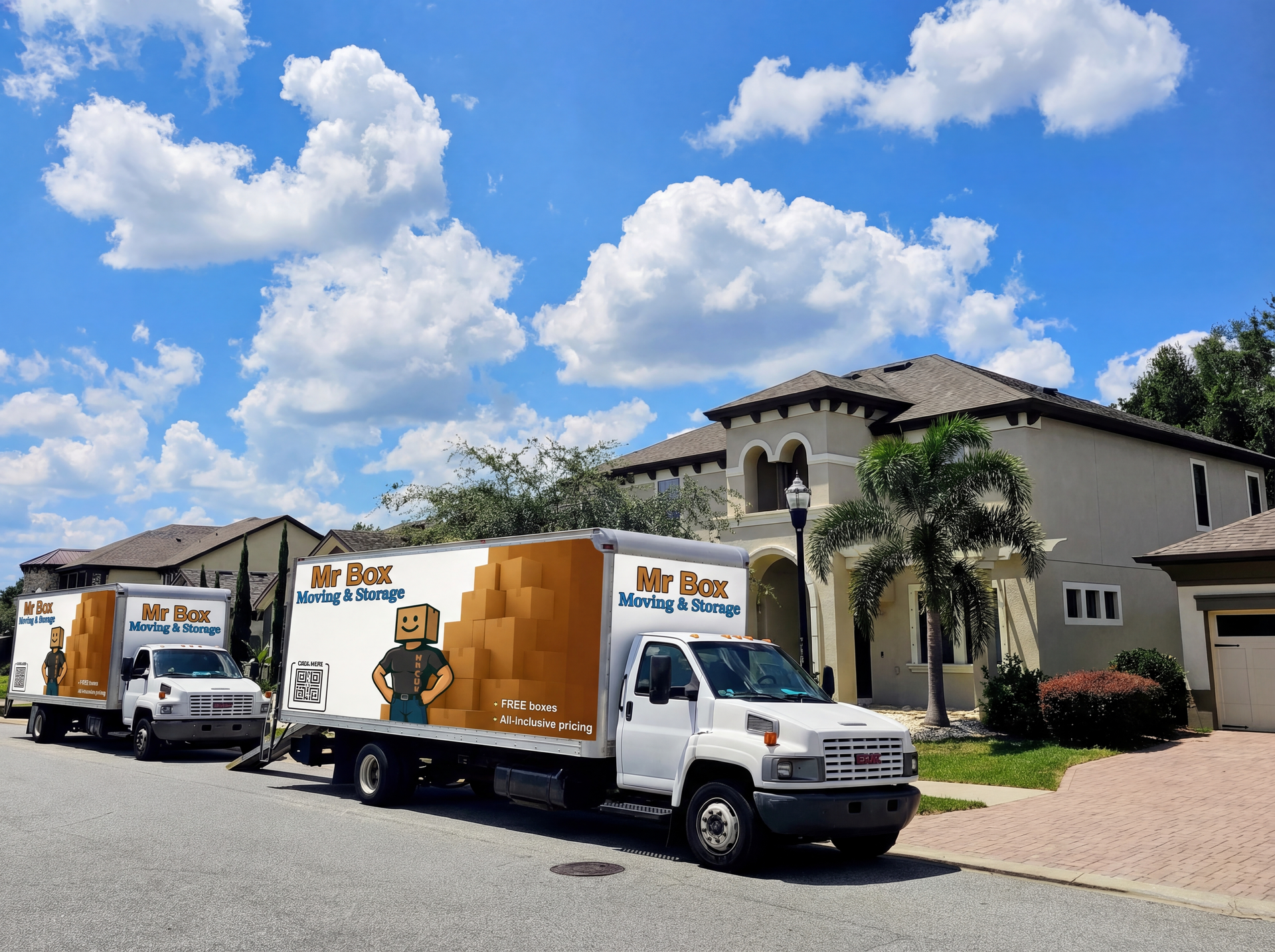 Two moving trucks parked on a sunny suburban street beside a large beige house under a blue sky.