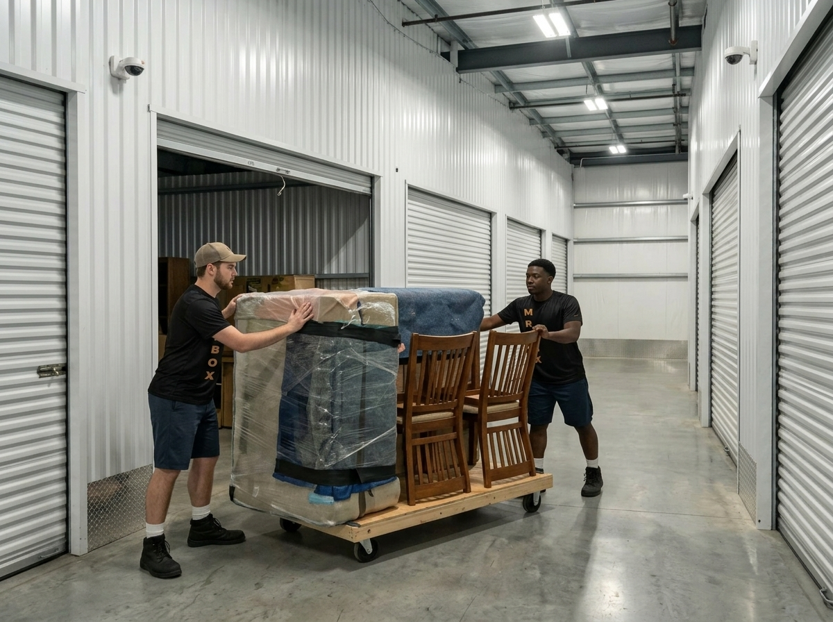 Two workers moving wrapped furniture on a pallet through a storage corridor