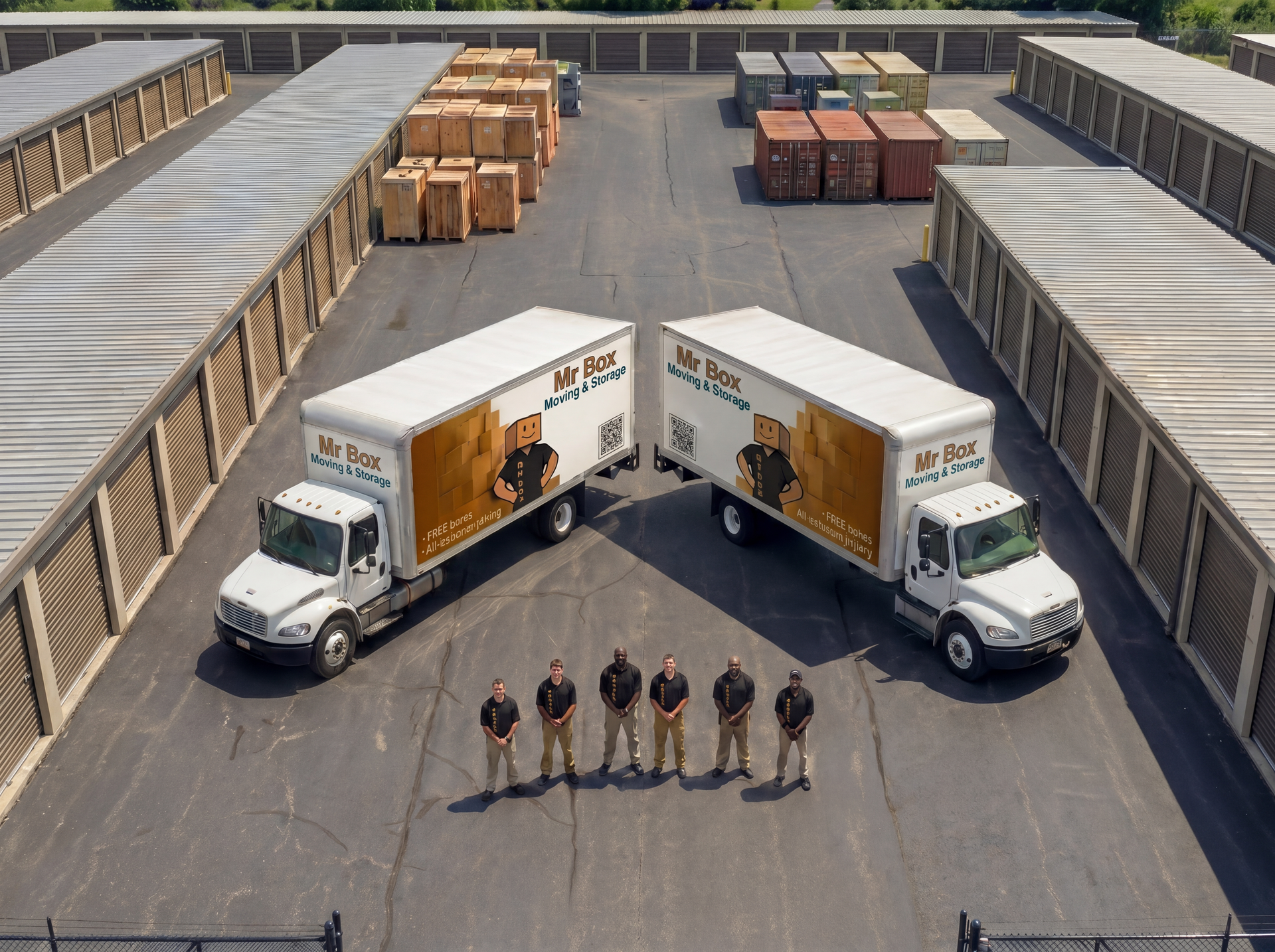 Two white box trucks facing inward with six people standing in front of them in a warehouse yard