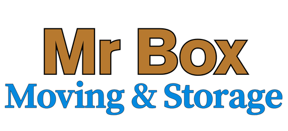 Mr Box Moving & Storage logo in brown and blue text on a white background