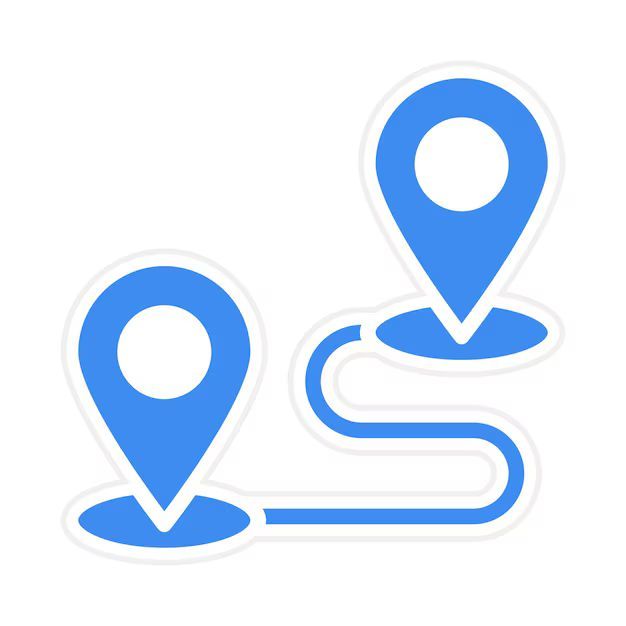 Two blue location pins connected by a winding route line on a white background