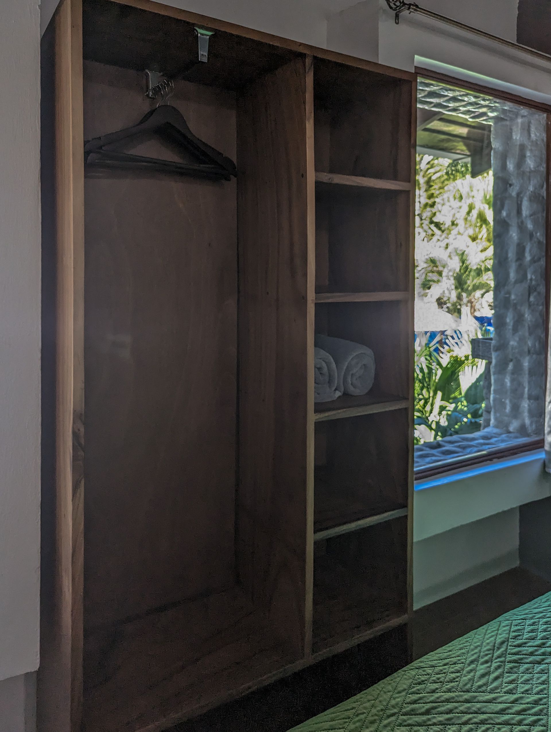 An empty wooden wardrobe with a window in the background.