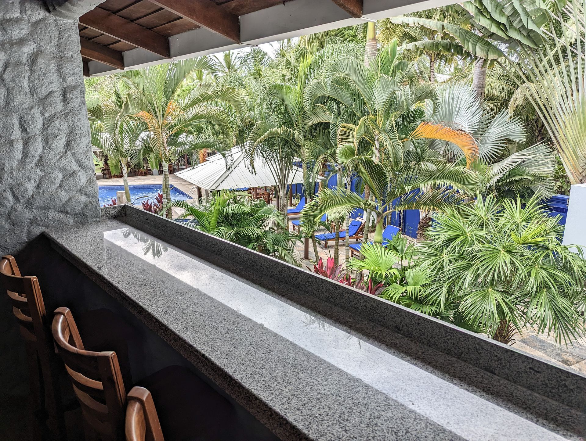 A bar with a view of a tropical garden and a pool.