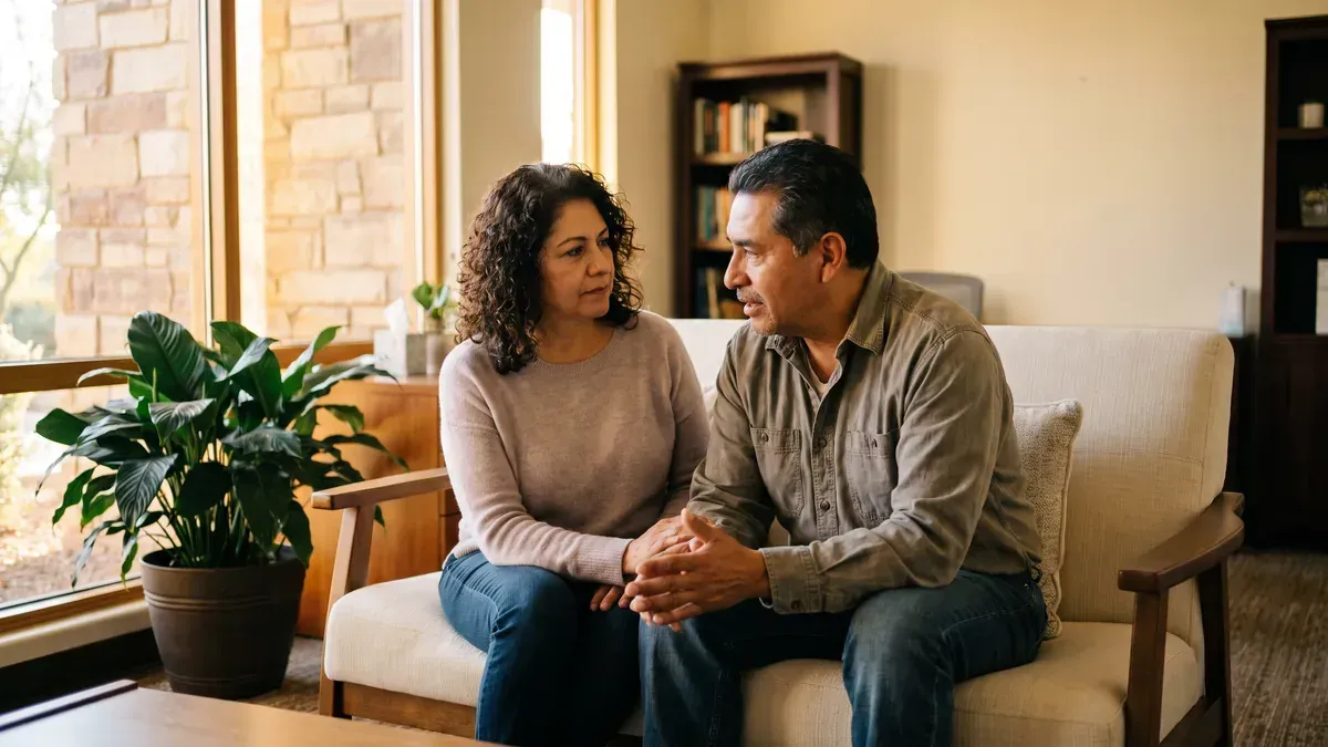 Married couple in their fifties sitting together and talking during couples counseling in Chandler Arizona