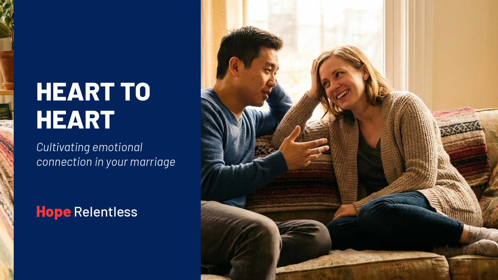 Husband and wife in a warm heart-to-heart on the couch, cultivating emotional connection in their ma