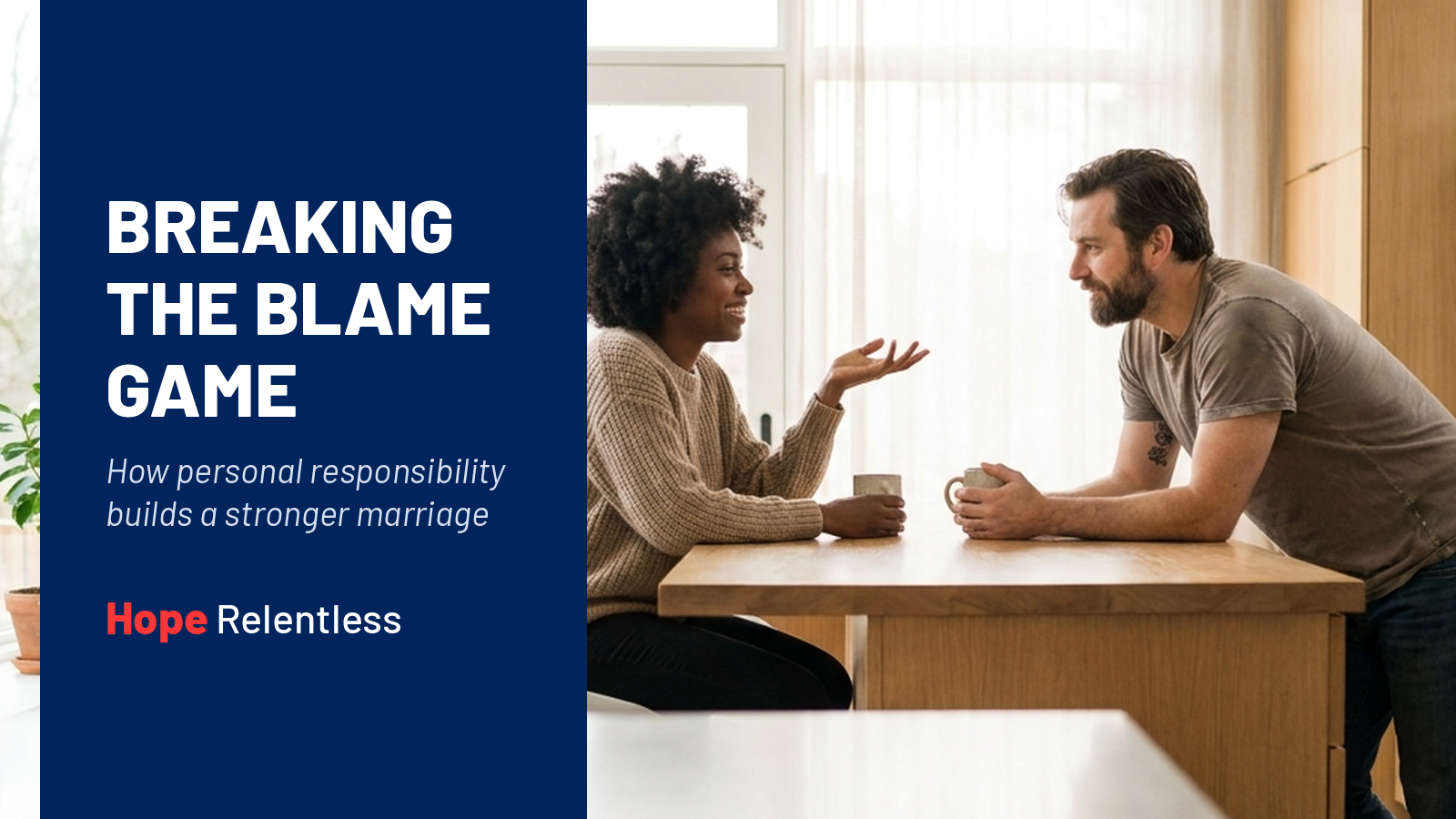 Married couple talking calmly across a kitchen table, learning to trade blame for personal ownership