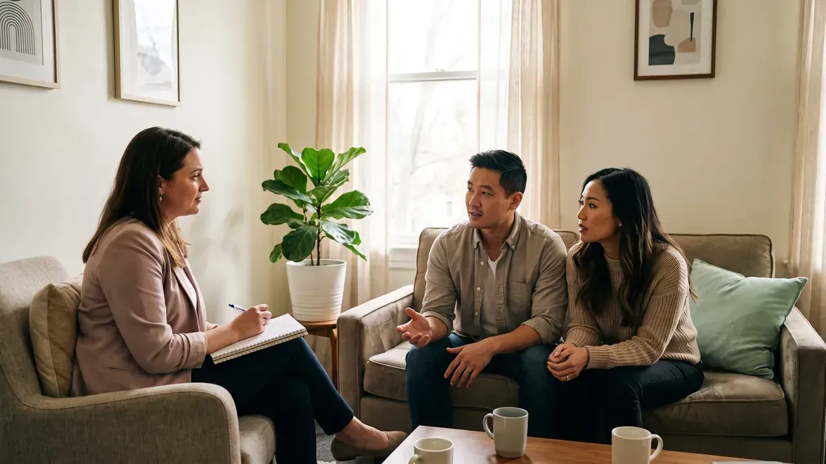 A Hope Relentless coach working with a married couple on the Communication Loop during a weekly counseling session in Chandler Arizona