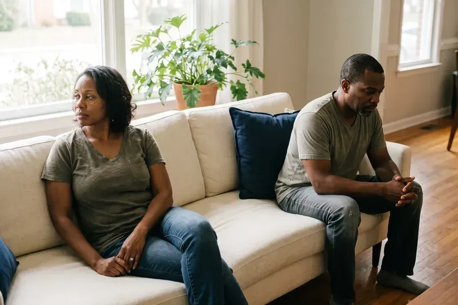 Married couple sitting at opposite ends of a couch in silence, a common sign a couple in Chandler needs counseling