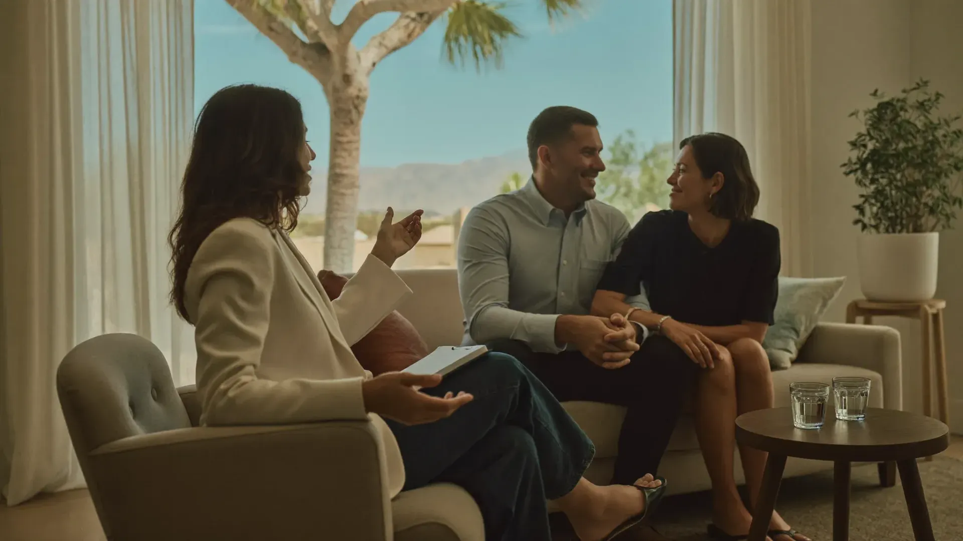 A Hope Relentless coach working with a married couple during a weekly counseling session, with the Arizona desert visible through the window