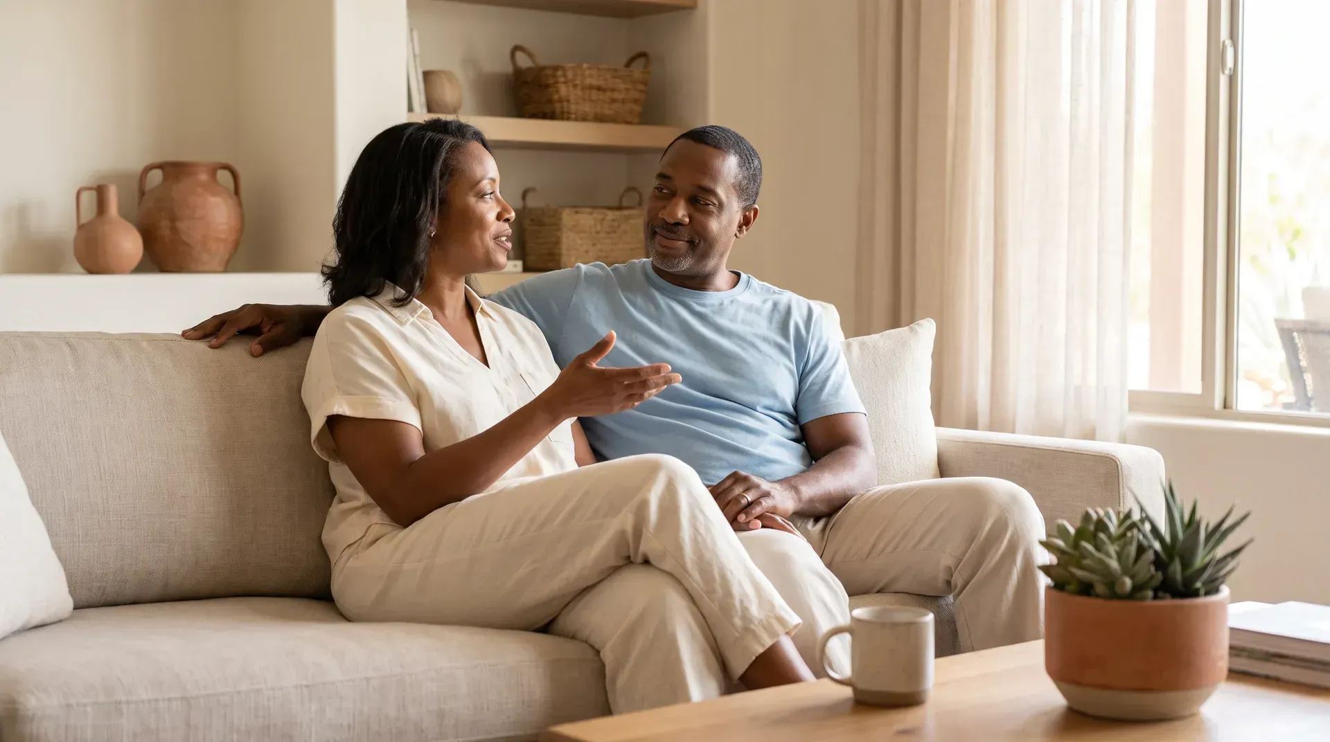 A couple sitting close on their living room sofa in a calm, honest conversation