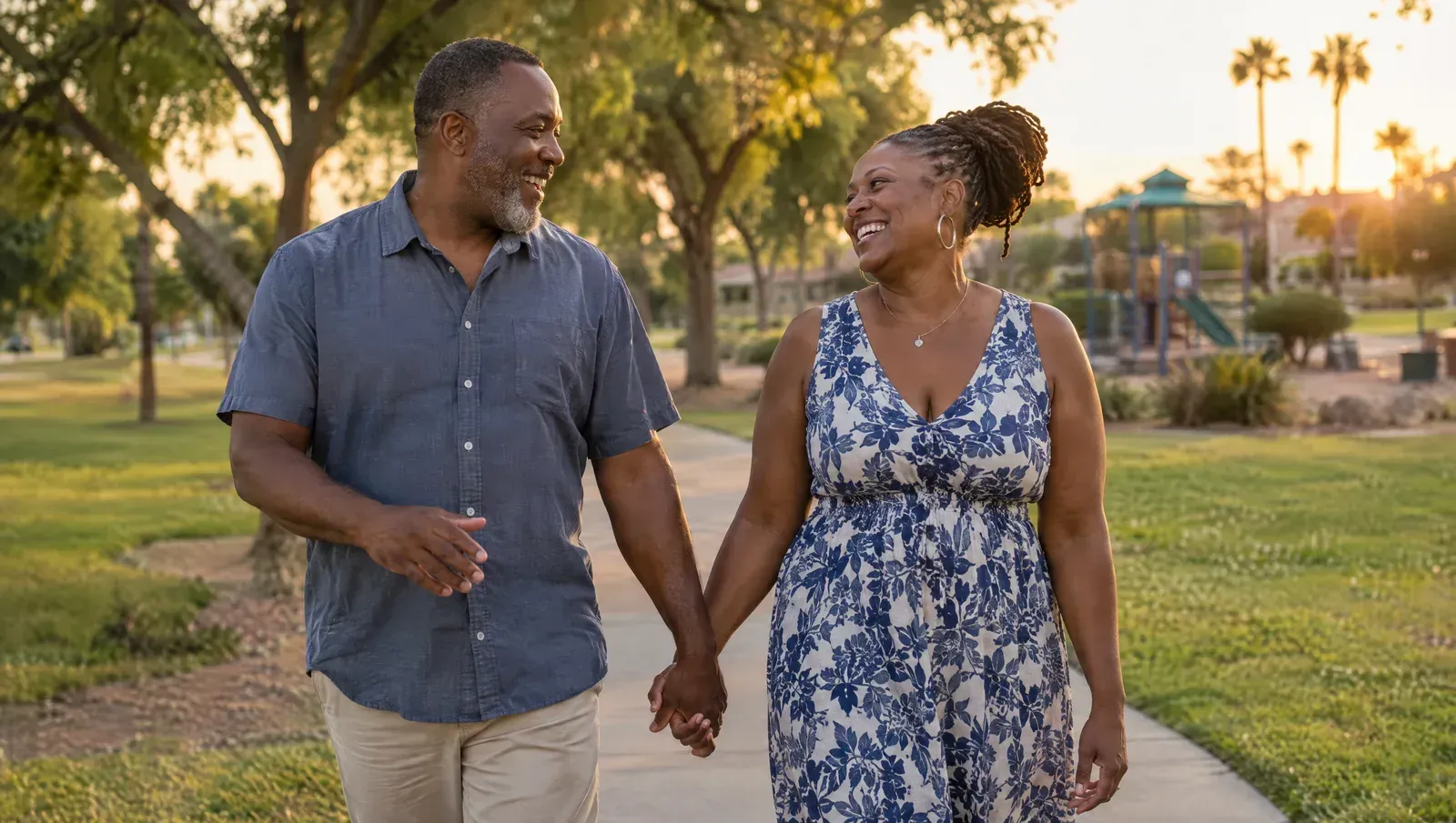 Married couple in their fifties walking hand in hand on a shaded park path at golden hour, laughing together