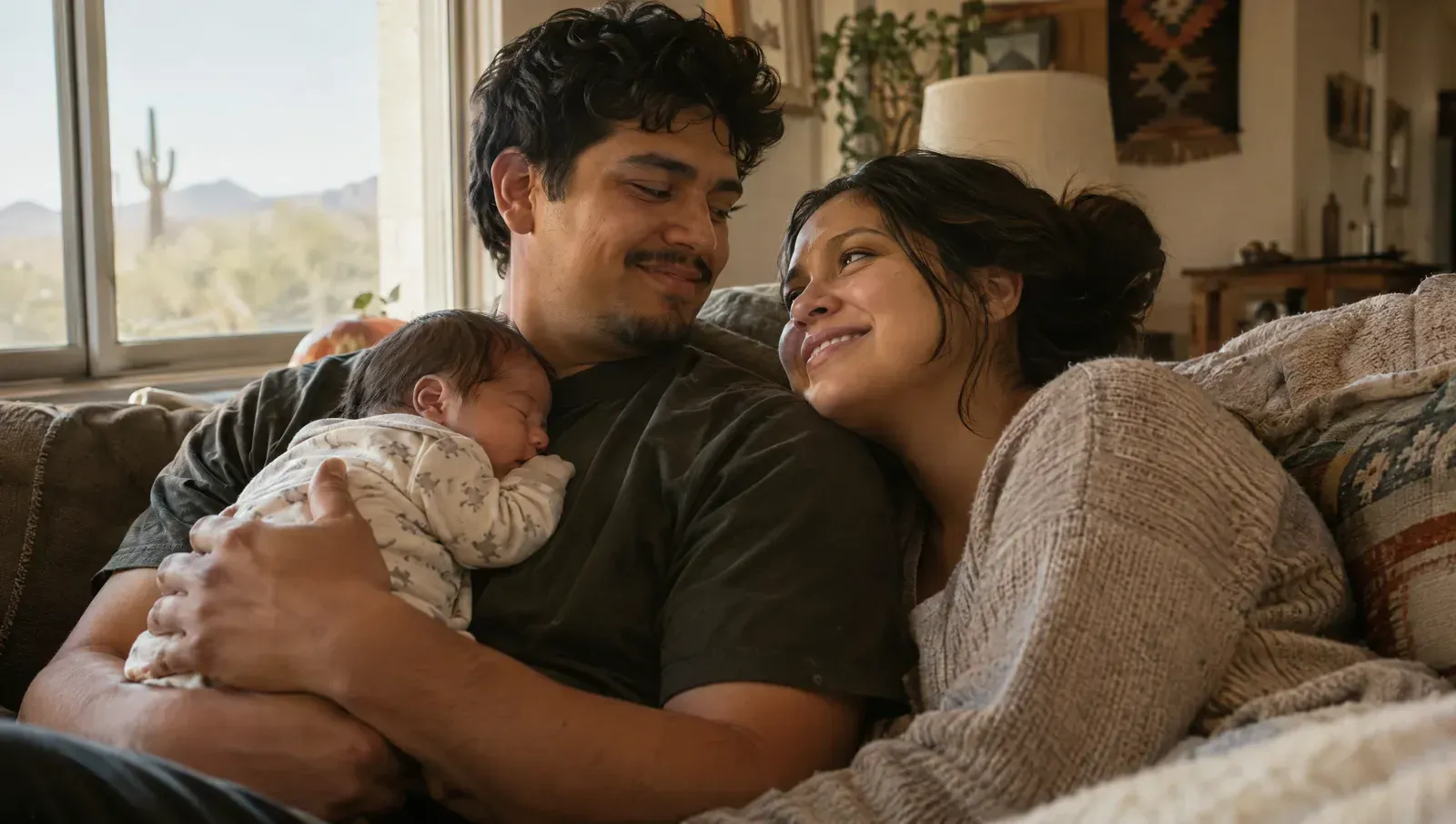 New parents sitting close on their couch in soft morning light, one holding their sleeping newborn, talking quietly