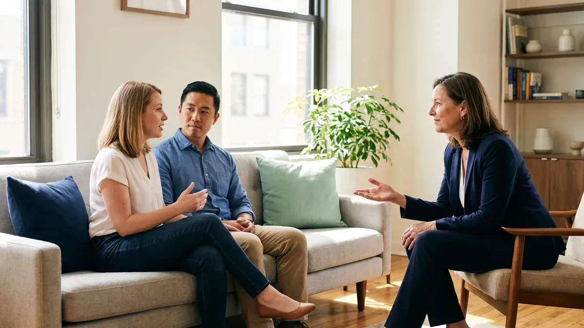 A marriage coach teaching a couple a communication process during a coaching session in Chandler Arizona