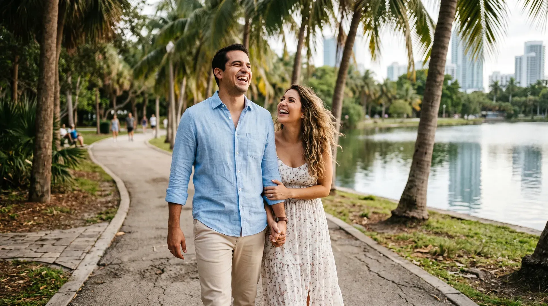 Young married couple in their early thirties laughing together on a paved path beside a calm urban lake with palm trees, shaded afternoon light