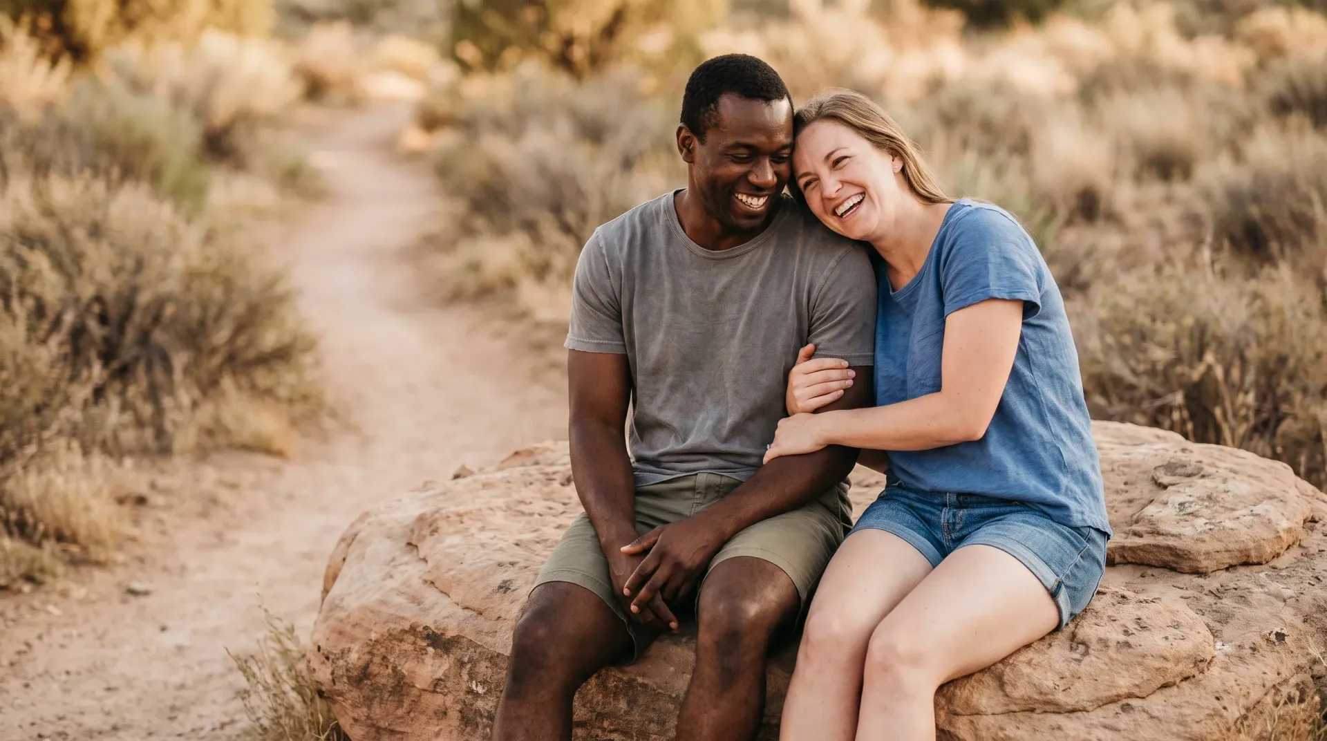Married couple in their thirties sitting on a large sandstone boulder beside a desert park path, laughing together in golden light