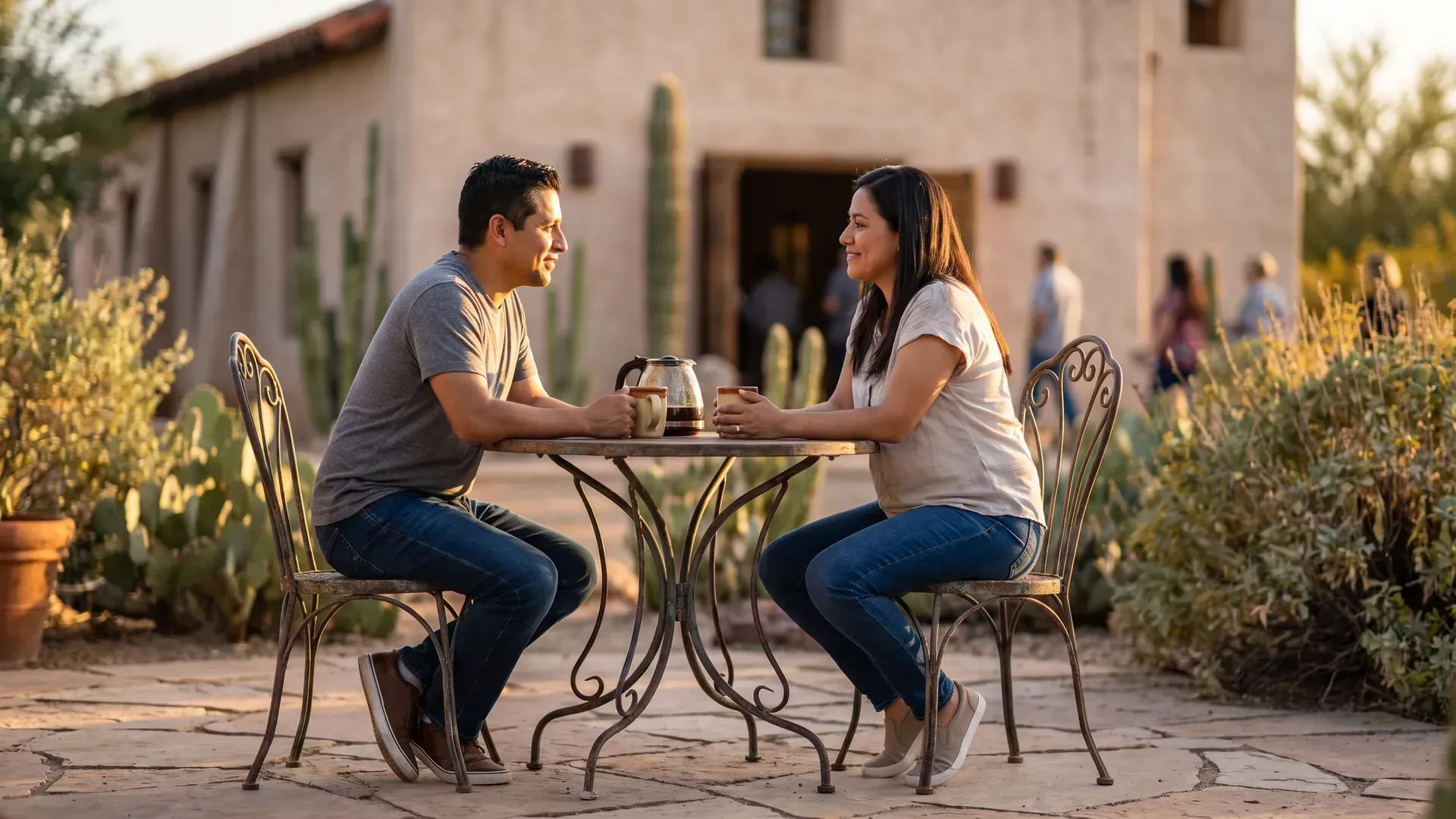 Married couple talking honestly over coffee at a patio table outside a desert-style community building at golden hour