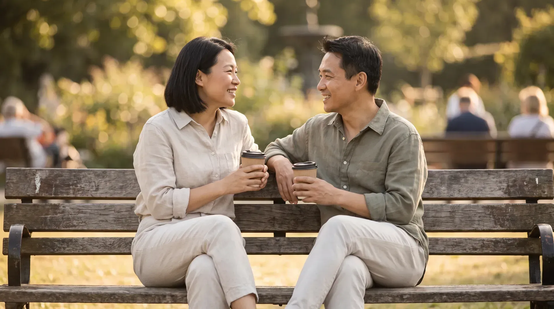 Married couple in their mid-forties sitting on an outdoor bench each holding a coffee, leaning toward each other in friendly conversation