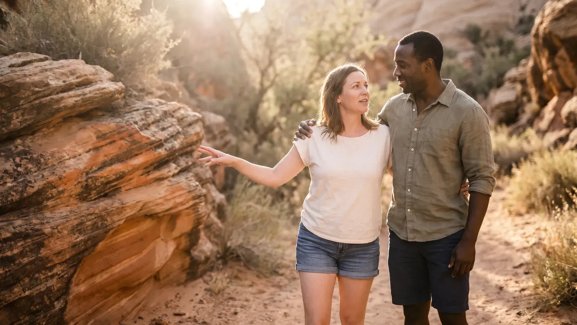 Interracial married couple in their early forties standing together beside layered red sandstone on a desert trail, she pointing at the rock face while he smiles at her