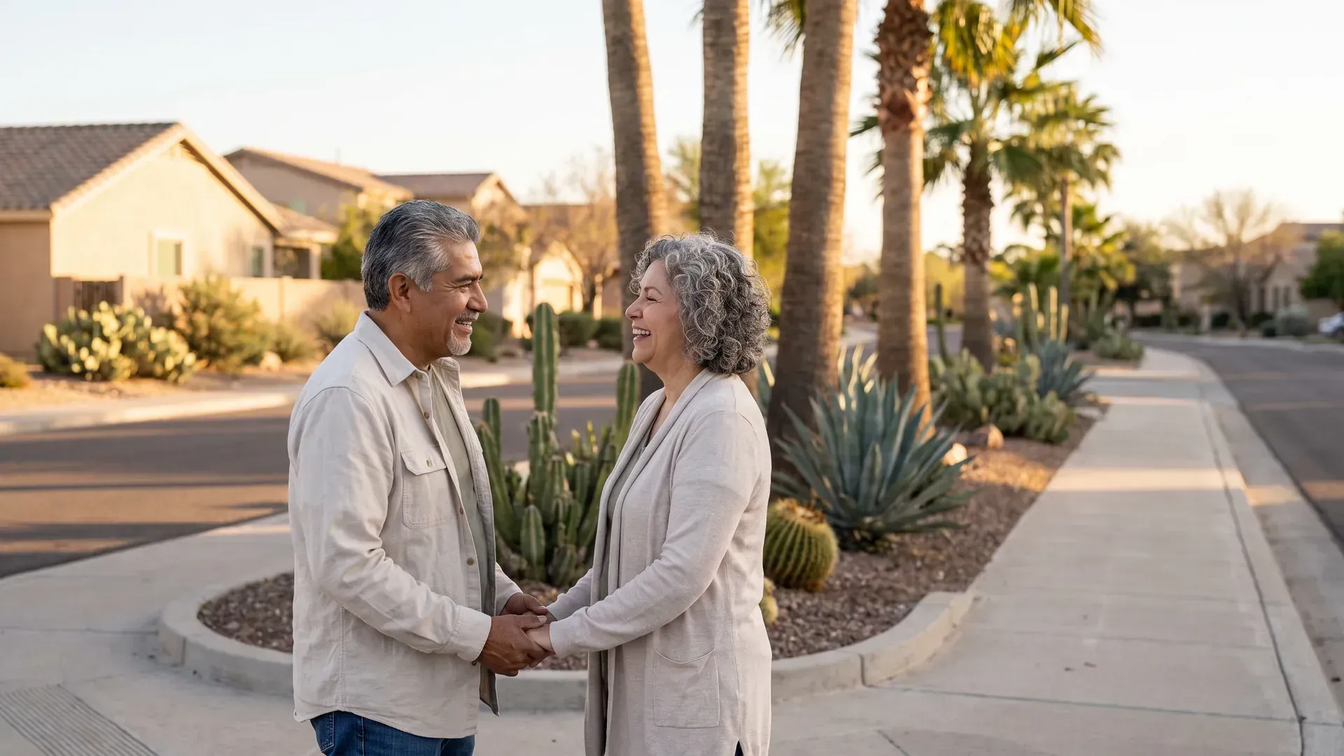 Married couple holding hands and talking warmly on a quiet suburban Arizona street corner with palm trees and desert landscaping