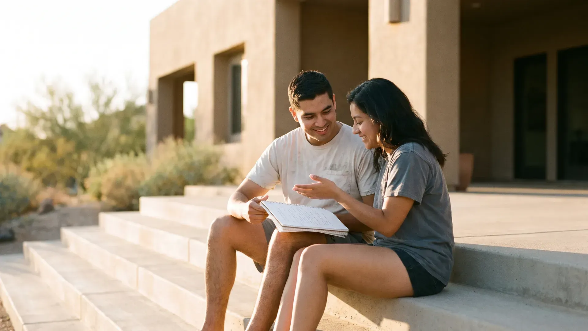 Latino married couple in their mid twenties sitting on wide outdoor steps in the Arizona sun with a notebook open between them, facing each other in a hopeful conversation