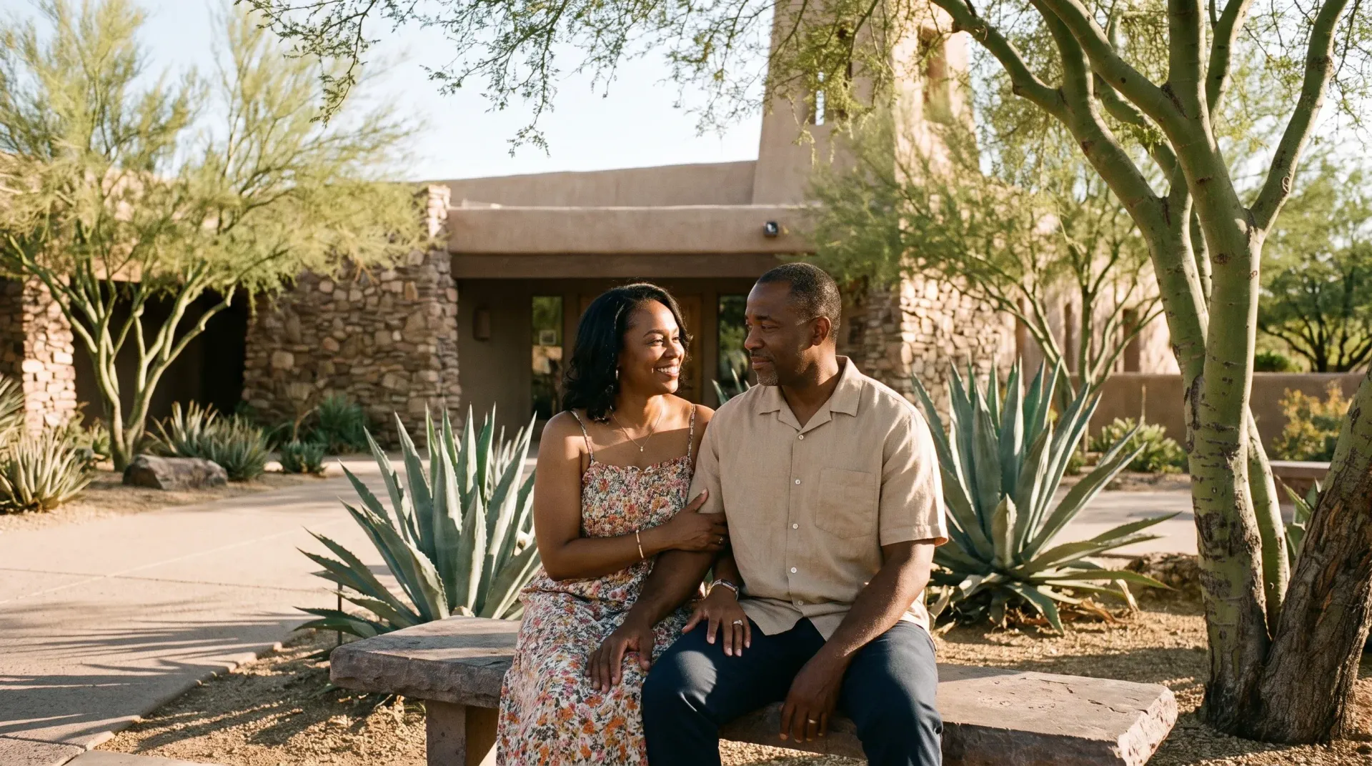 Married couple in their fifties sitting close together on a shaded stone bench in a desert courtyard, talking warmly in late-afternoon light