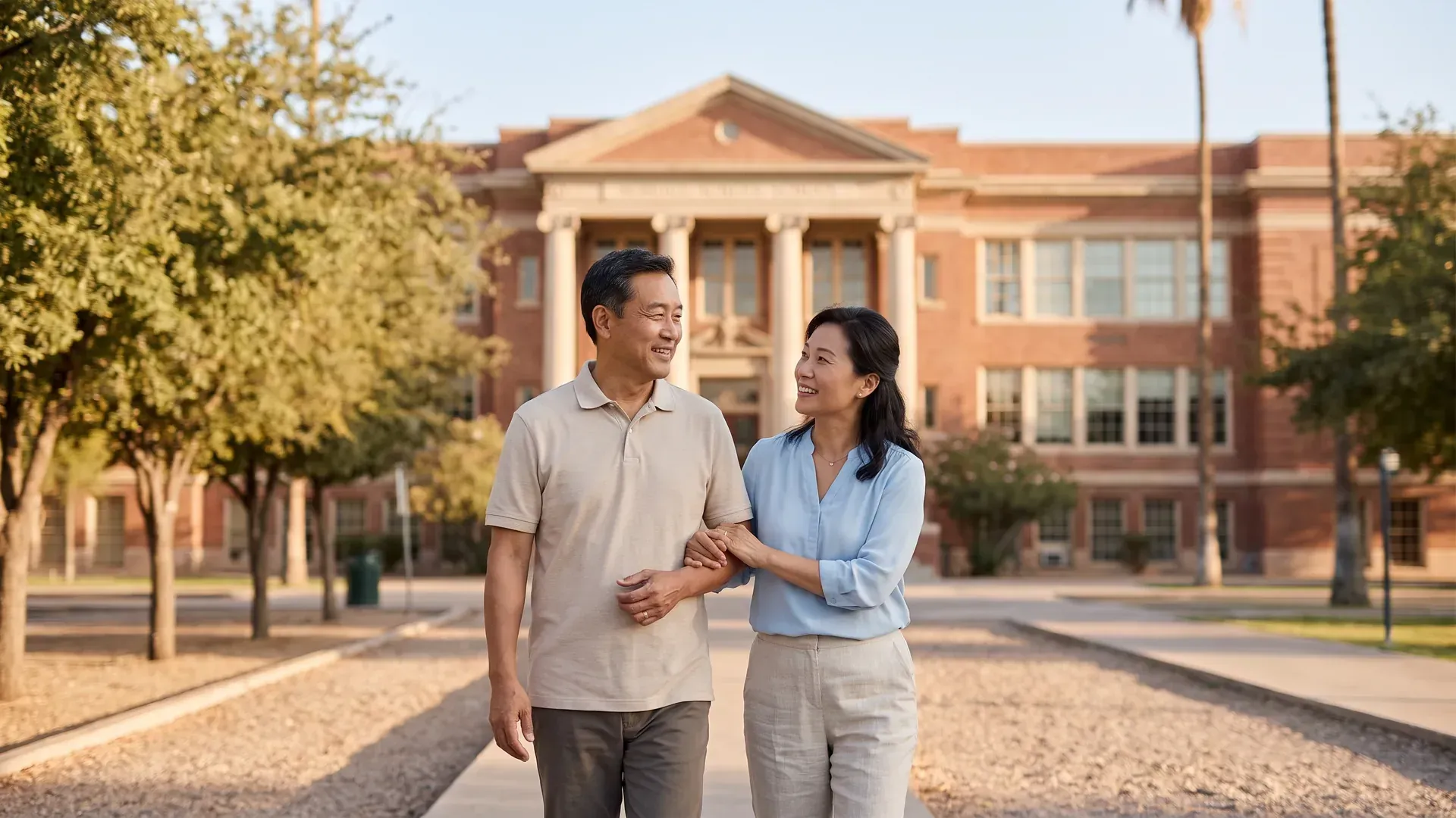 Married couple walking together on a tree-lined path in front of a stately brick school building, talking warmly in the afternoon light