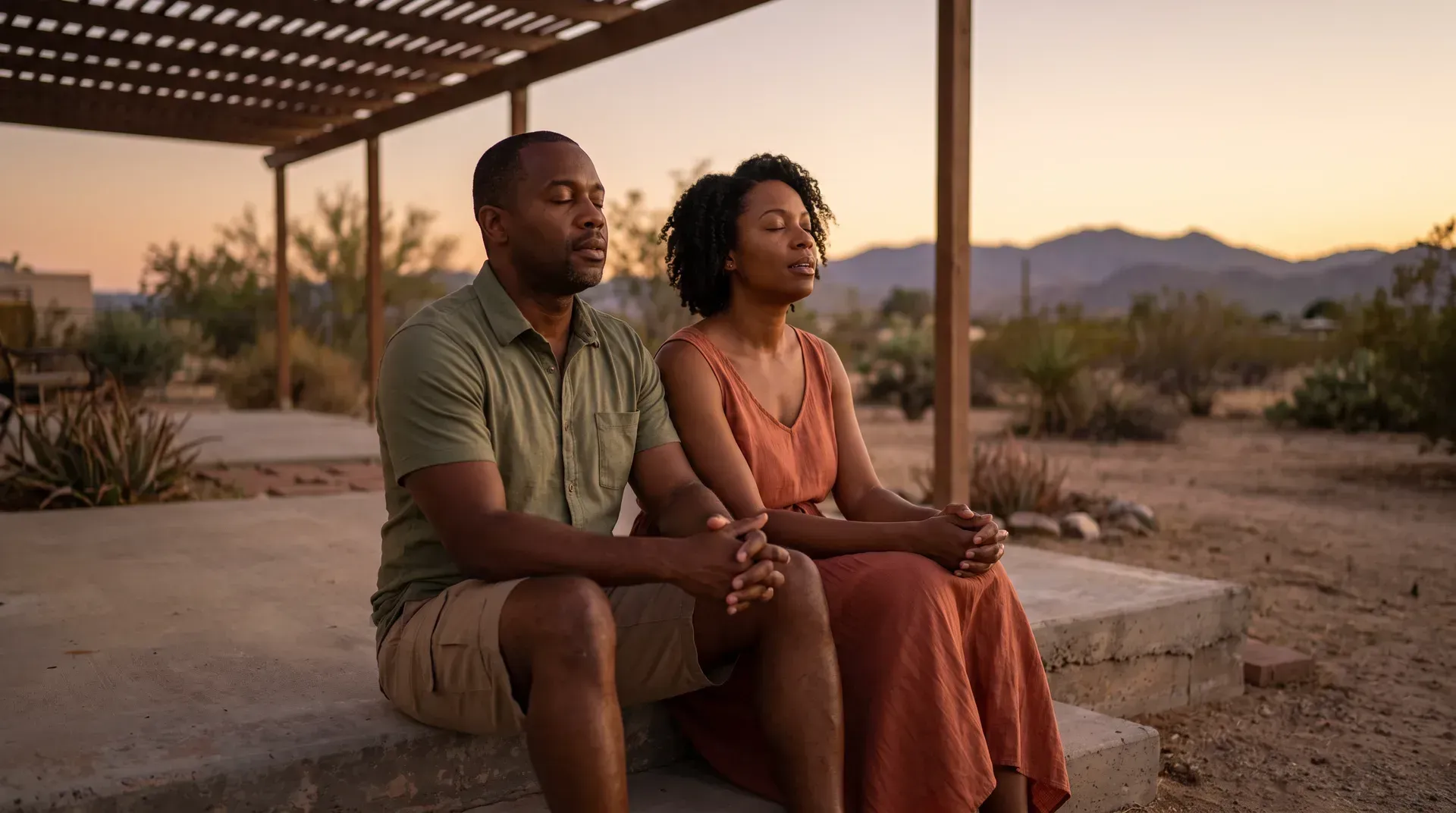 Married couple in their early forties sitting on a back patio step at dusk, taking a slow breath together in a calm, quiet moment