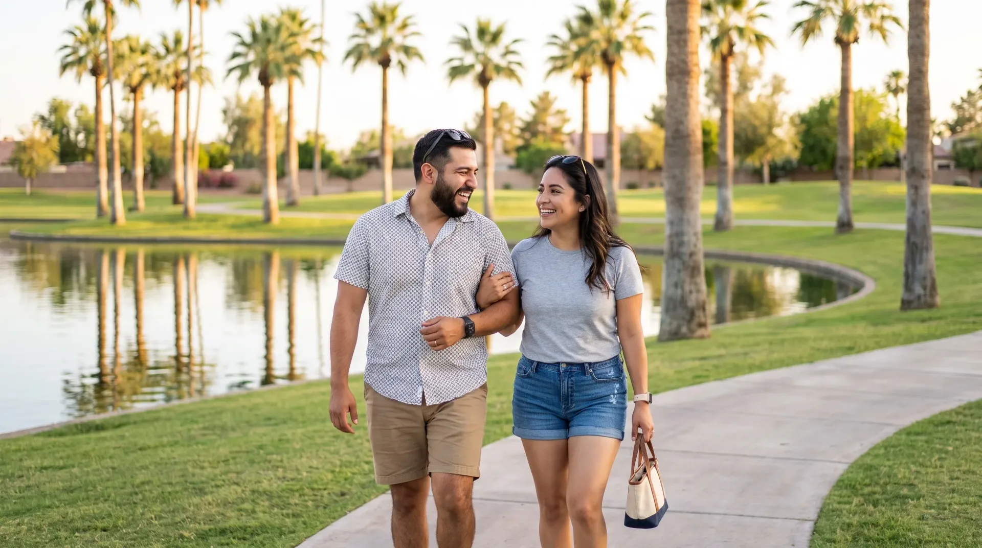 Young Latino couple walking side by side on a lakeside path in a sunny Arizona park, laughing and talking