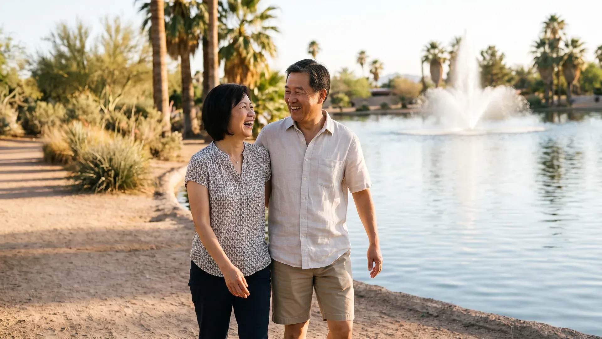 Married couple walking along a lakeside path in a green Arizona park with palm trees and a fountain behind them, sharing a relaxed laugh