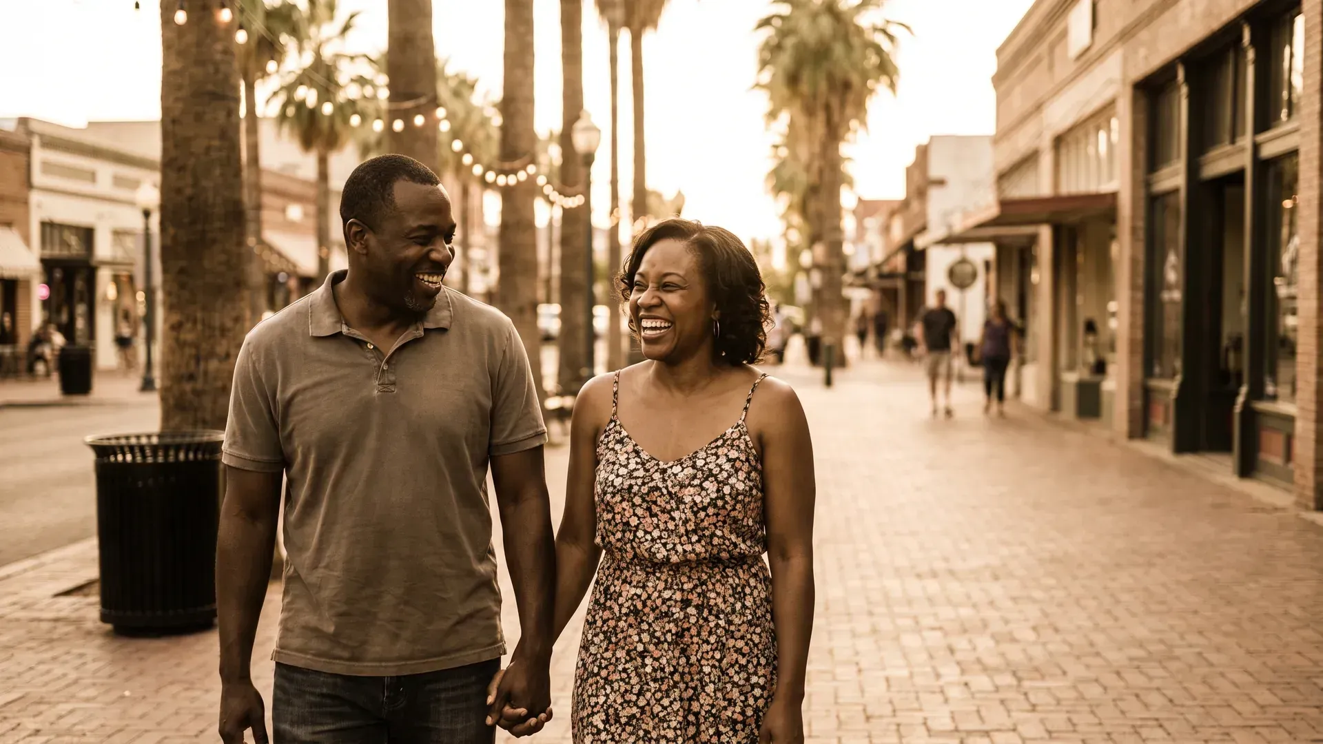 Married couple walking hand in hand down a sunlit brick street lined with palm trees and string lights, laughing together