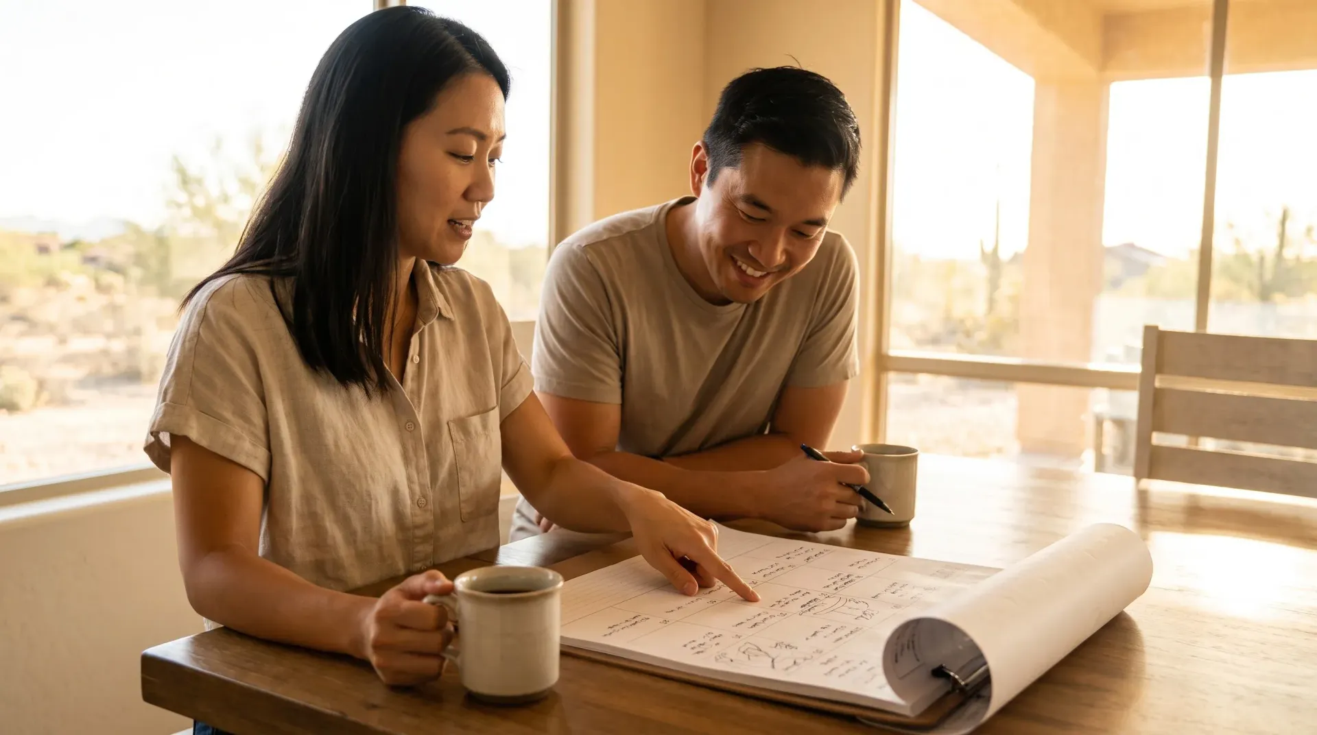 Married couple in their thirties at a sunlit kitchen table looking over a paper weekly planner together, smiling