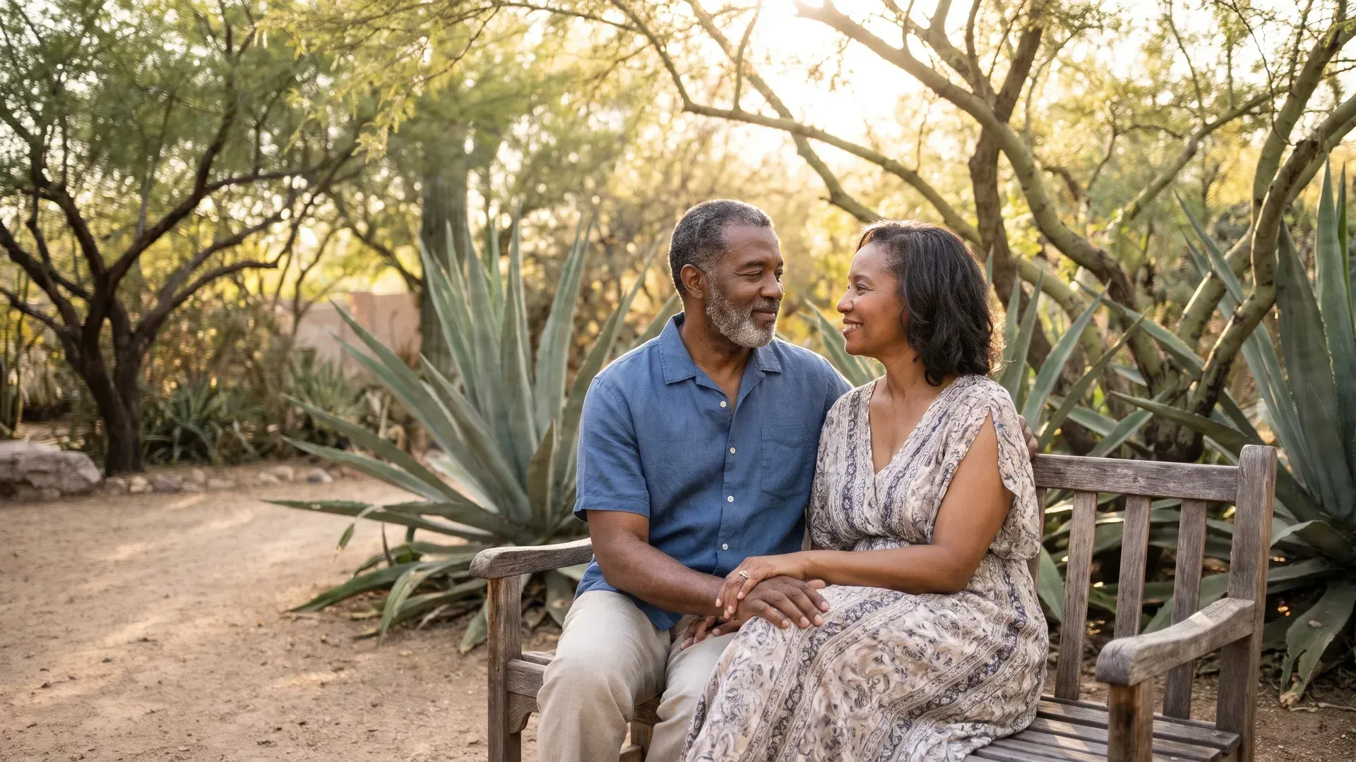 Black married couple in their fifties sitting side by side on a shaded courtyard bench in a quiet conversation, his hand over hers