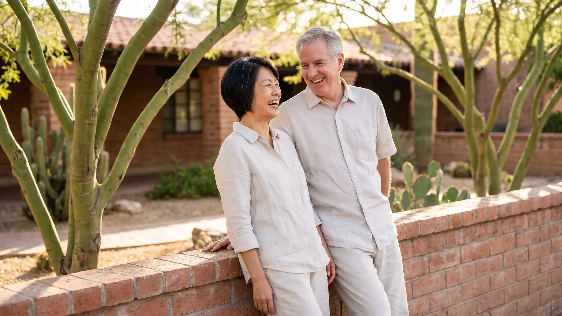 Interracial married couple in their late fifties, an Asian wife and a white husband, leaning together against a low red brick wall in a sunny courtyard, sharing a relaxed laugh