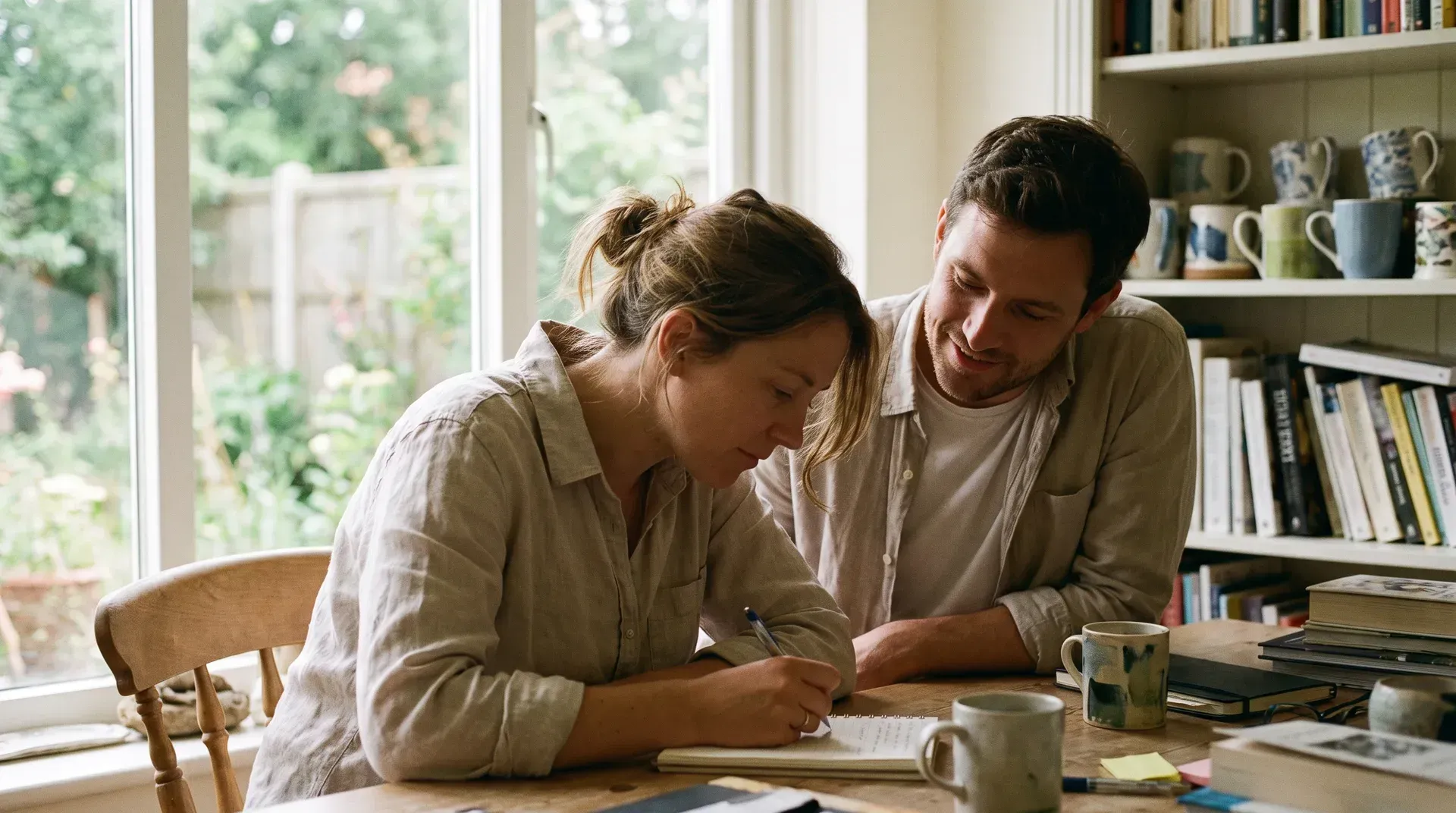 Married couple in their thirties sitting at a wooden table in a bright, quiet study space, one writing in a notebook while the other listens closely