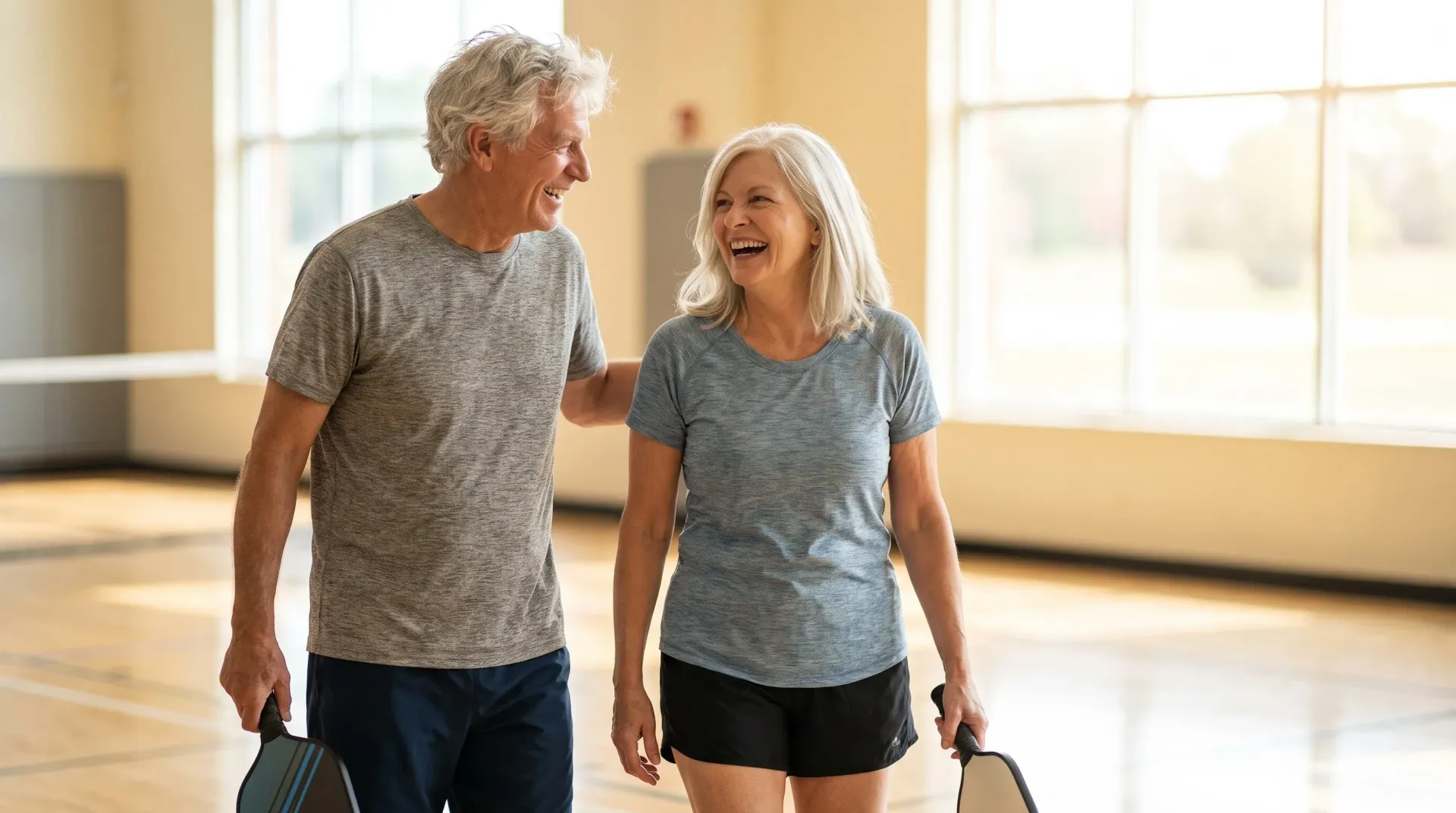 Married couple in their sixties walking off an indoor court together with paddles, laughing and out of breath