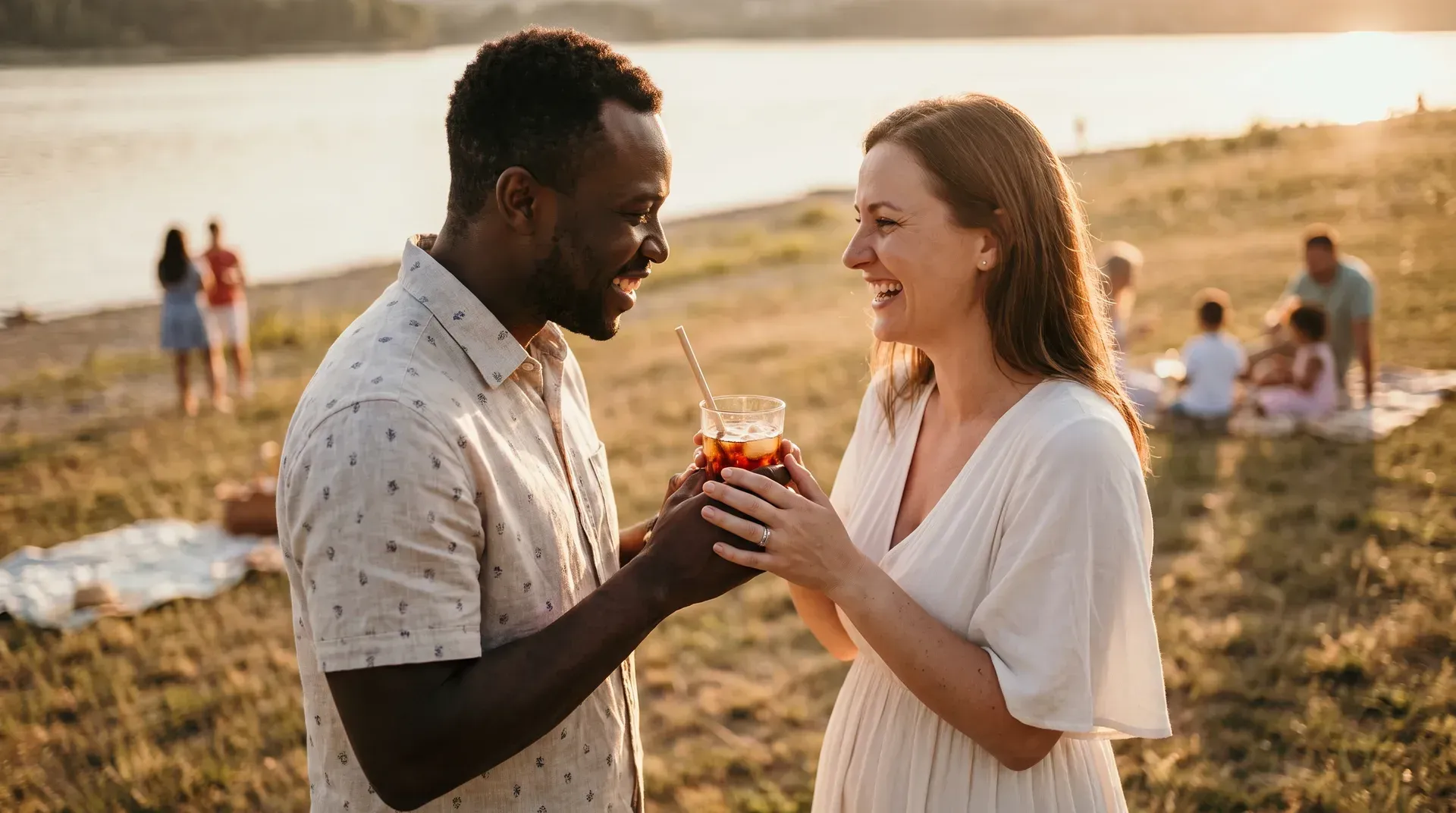 Married couple in their late thirties sitting on a grassy lakeside slope at sunset, phones put away, sharing one iced drink and talking, families blurred in the far background