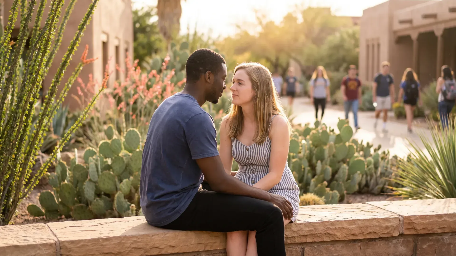 Young married couple sitting together on a low wall in a sunny desert garden on a college campus, turned toward each other in honest conversation