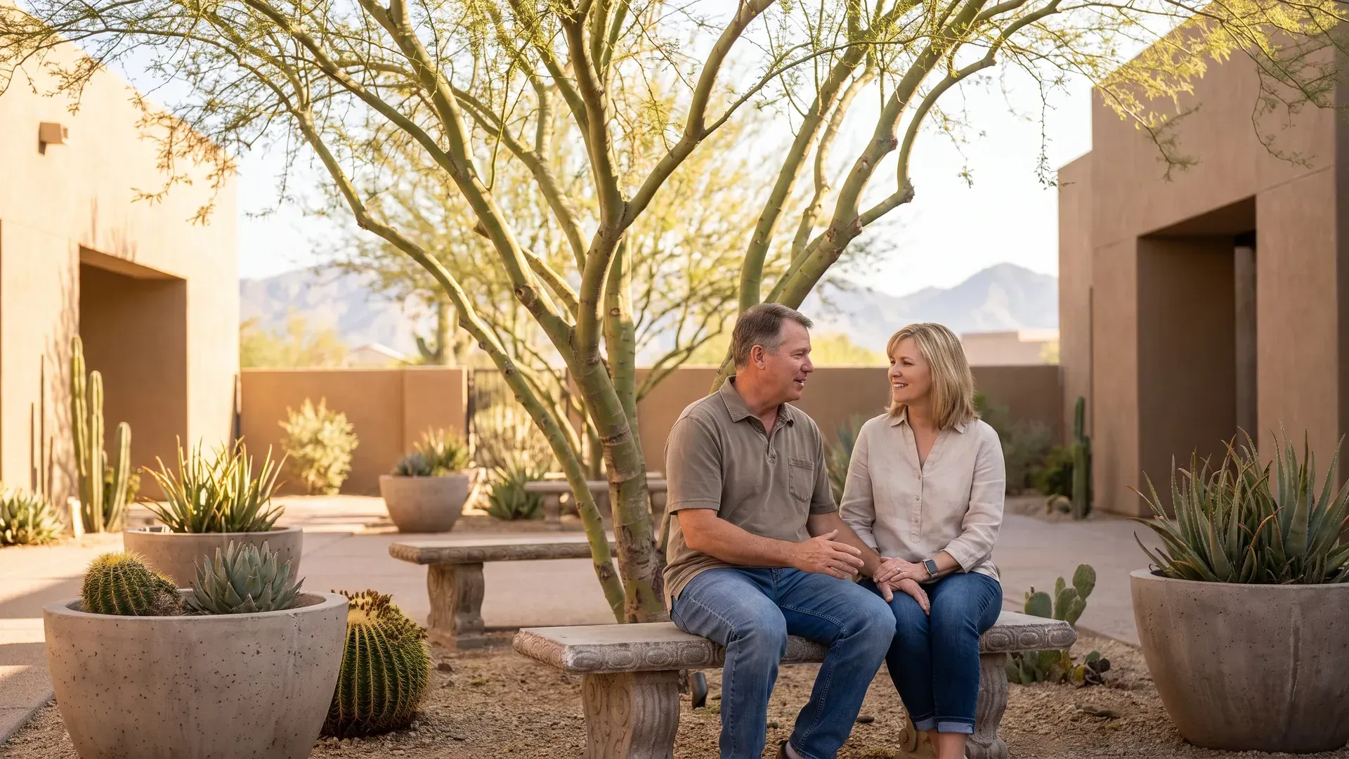 Married couple sitting close together on a bench in a desert-landscaped courtyard, quietly talking and smiling at each other
