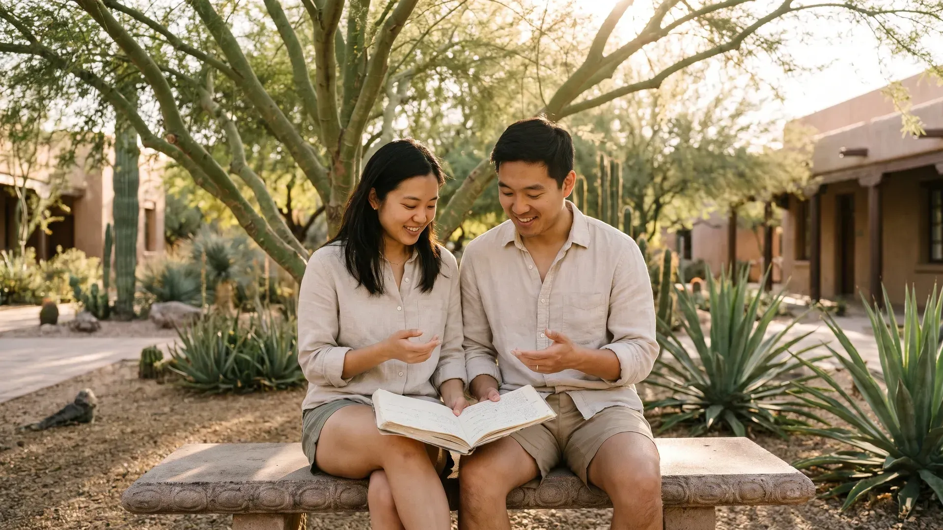 Asian married couple in their late twenties sitting close on a shaded courtyard bench sharing one open book, talking calmly and smiling