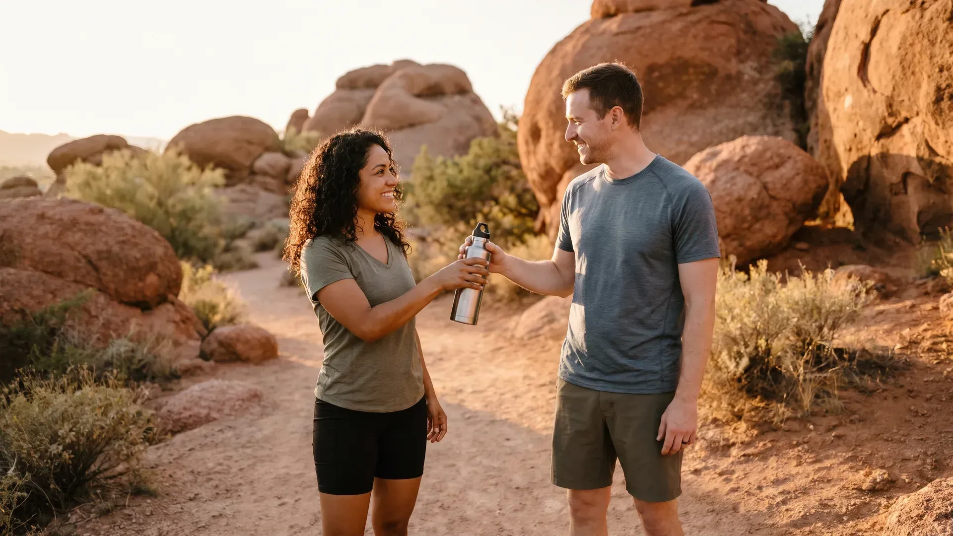 Interracial married couple in their early thirties, a Latina wife and a white husband, pausing on a desert trail among rounded red sandstone buttes while she passes him a water bottle and they smile