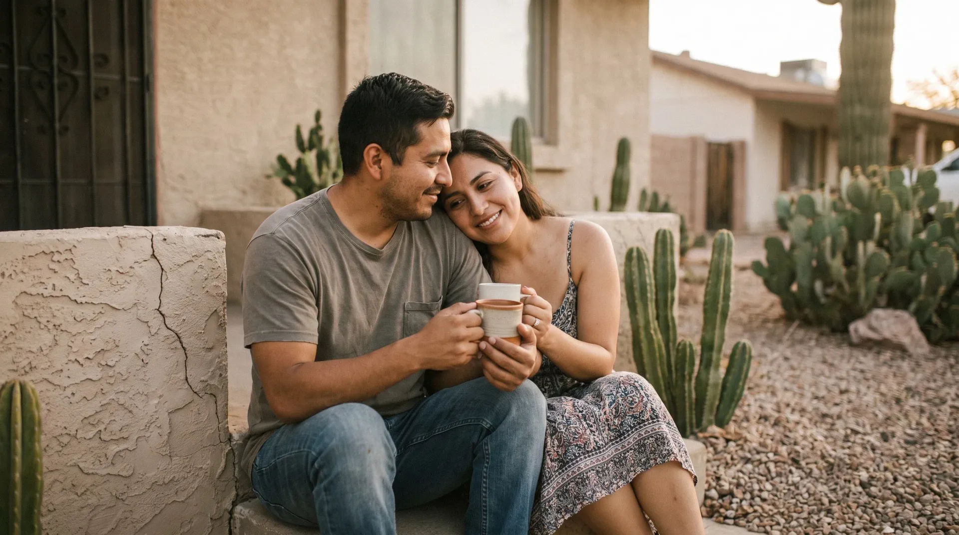 Married couple in their early thirties sharing coffee on a front step in the morning, tired but smiling at each other