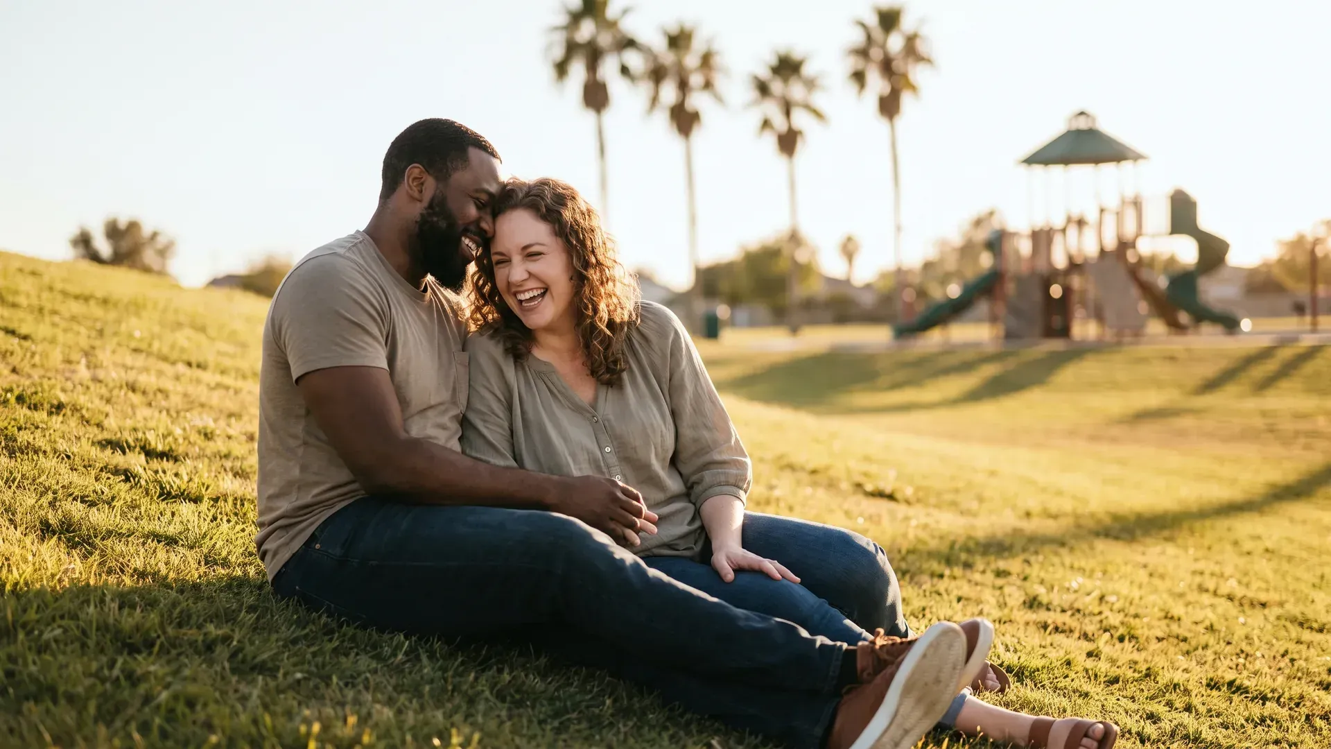 Married couple sitting close on a grassy lawn at a neighborhood park with palm trees and a playground in the soft background, laughing together