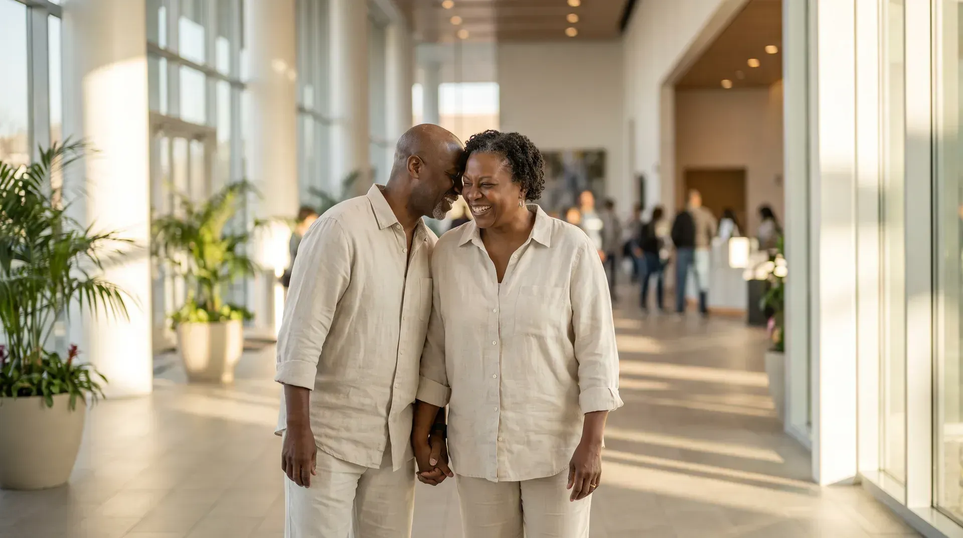 Married couple in their fifties walking slowly side by side through a bright, airy lobby with warm light, talking quietly and smiling