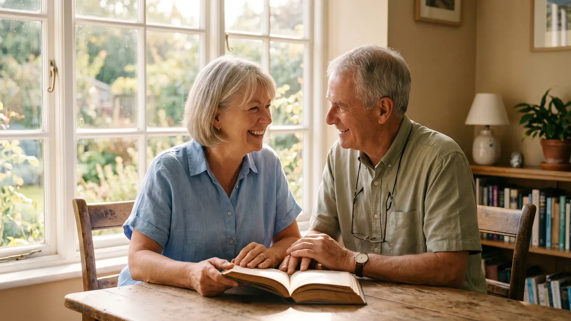 White married couple in their sixties sitting together at a wooden table beside a sunlit window, sharing one open book and smiling quietly