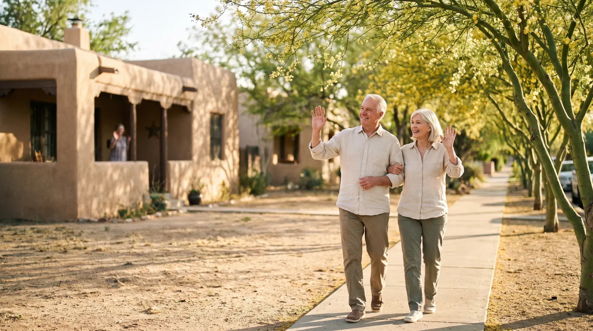 Older married couple in their sixties walking arm in arm along a shaded neighborhood sidewalk, waving at a neighbor in warm afternoon light