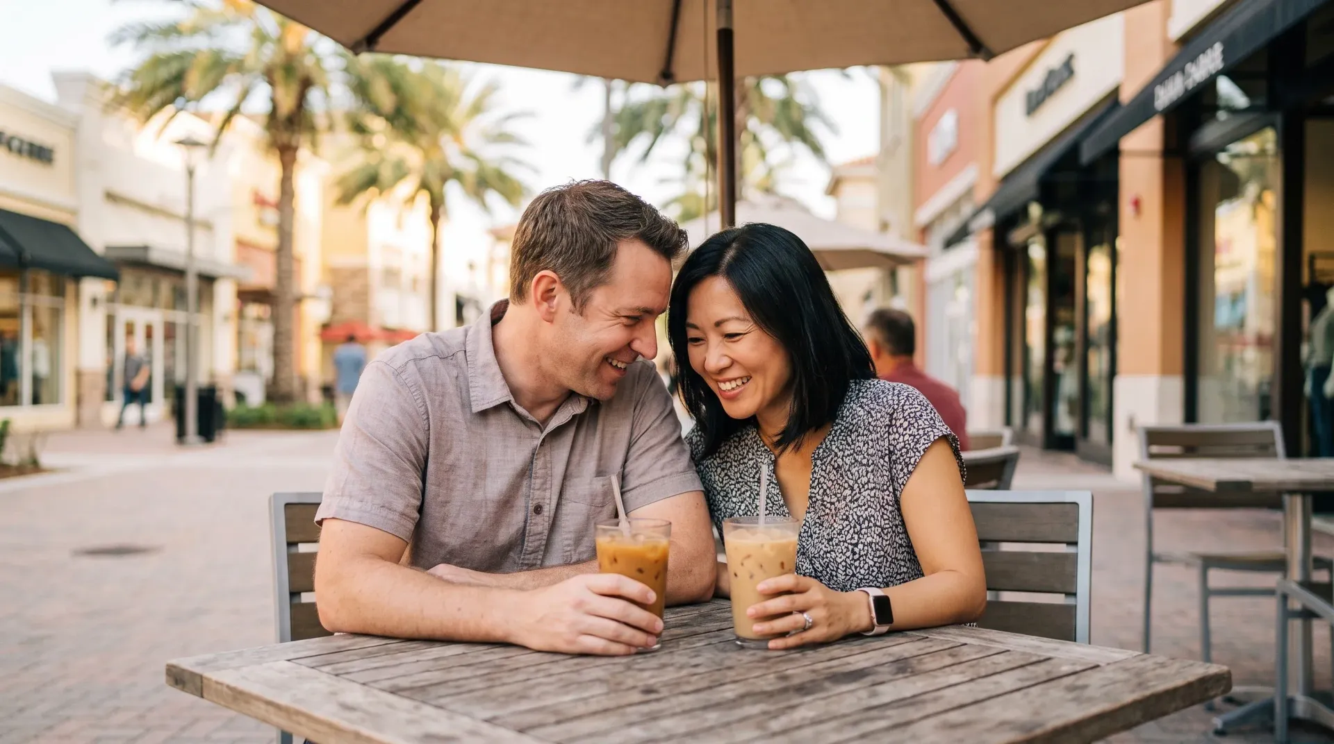 Married couple in their forties sharing iced drinks at an outdoor patio table in a sunny Arizona shopping plaza, leaning in to talk